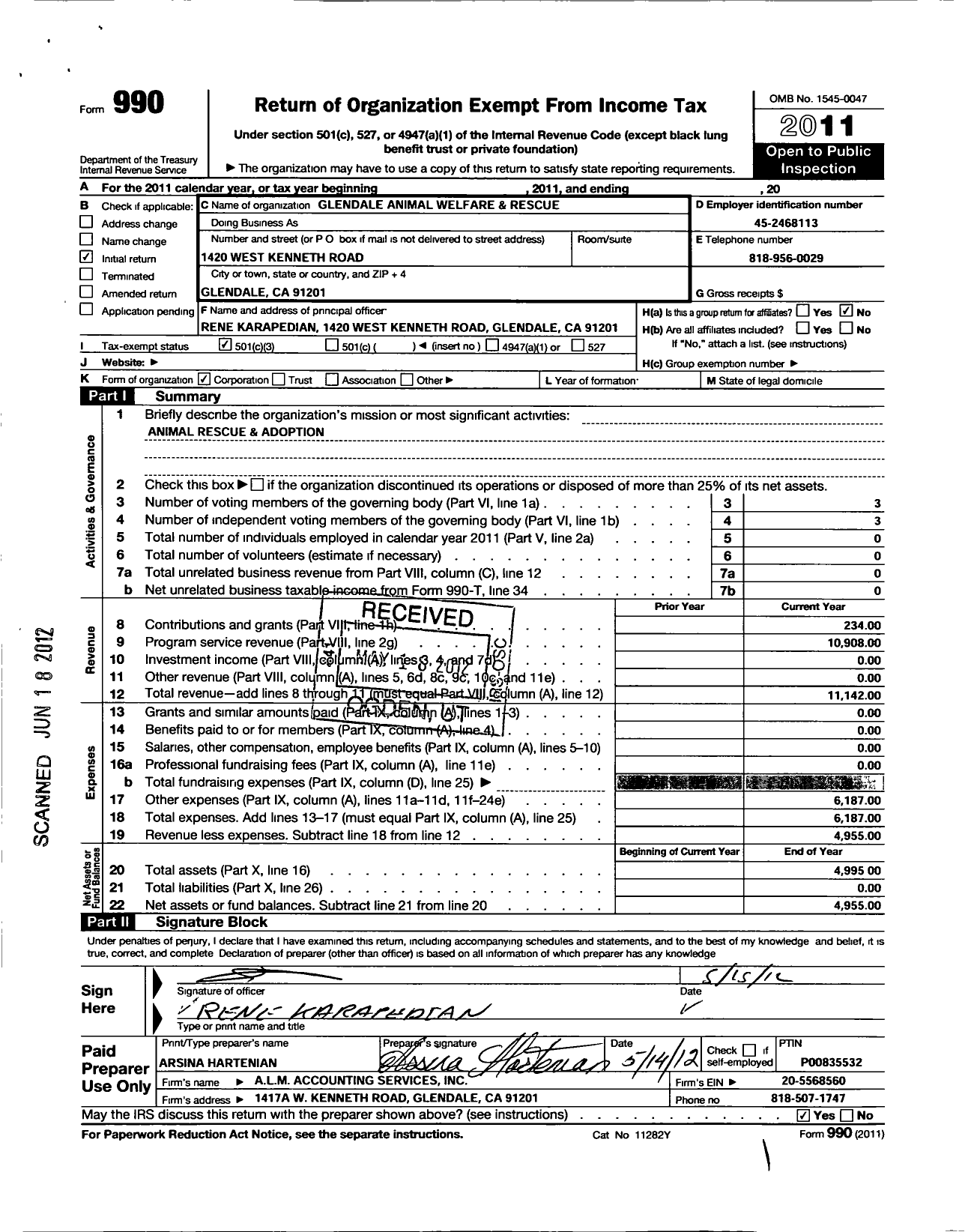 Image of first page of 2011 Form 990 for Glendale Animal Welfare and Rescue