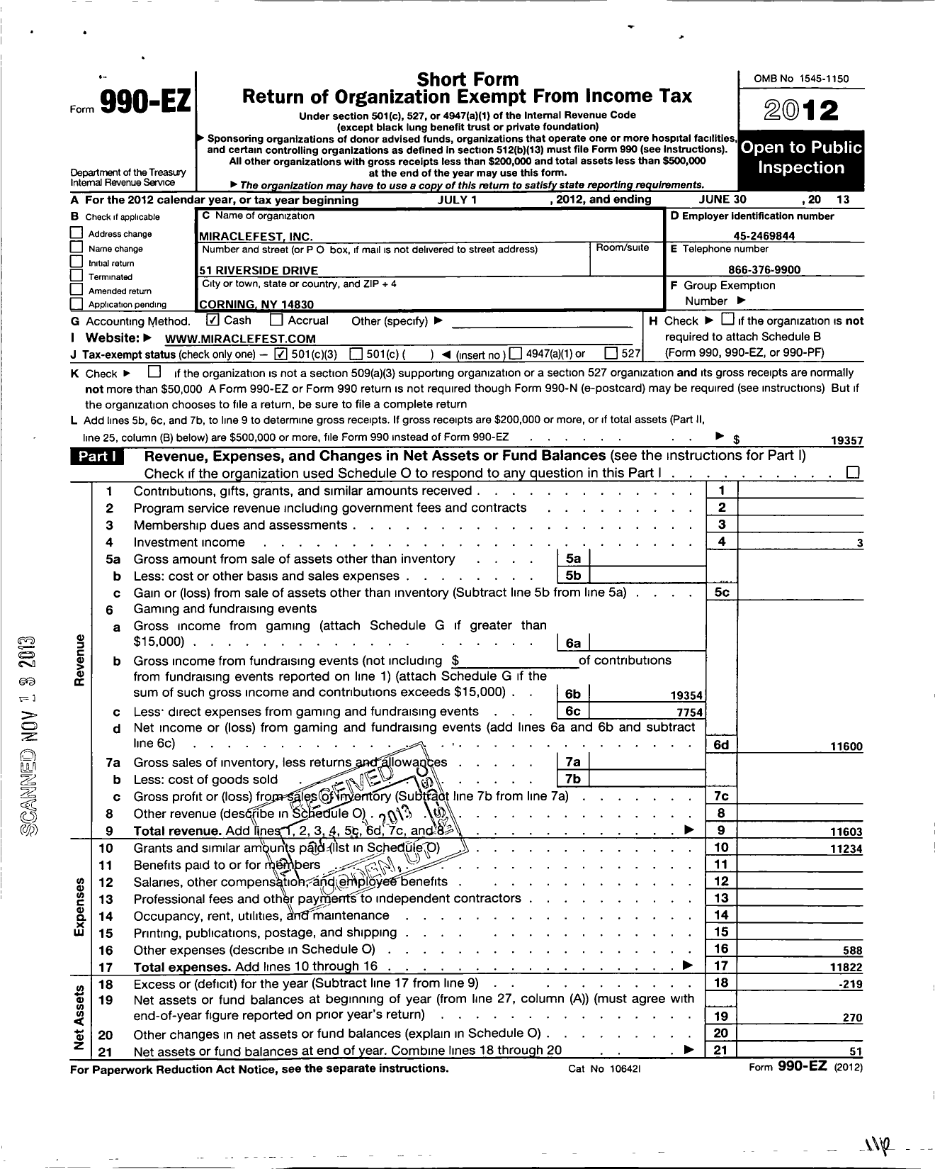 Image of first page of 2012 Form 990EZ for Miraclefest