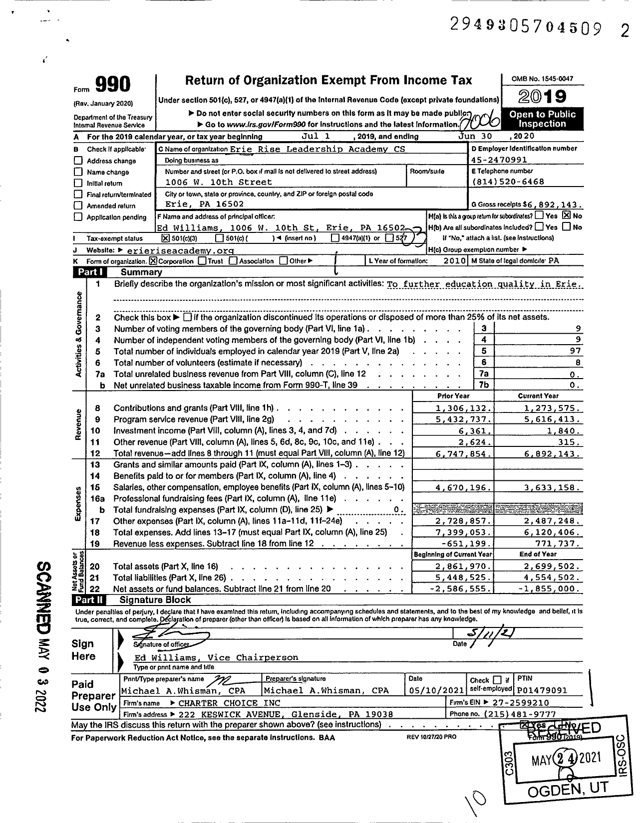 Image of first page of 2019 Form 990 for Erie Rise Leadership Academy Charter School