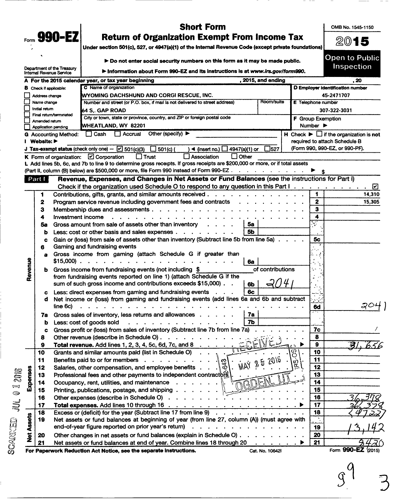 Image of first page of 2015 Form 990EZ for Wyoming Dachshund and Corgi Rescue