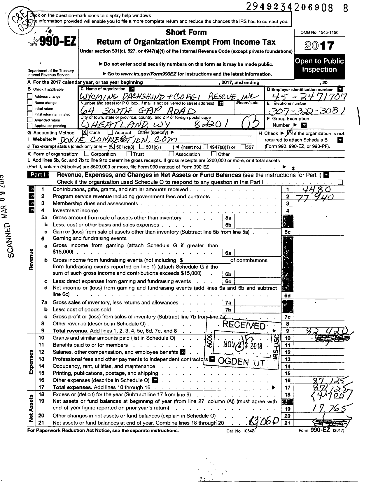 Image of first page of 2017 Form 990EZ for Wyoming Dachshund and Corgi Rescue