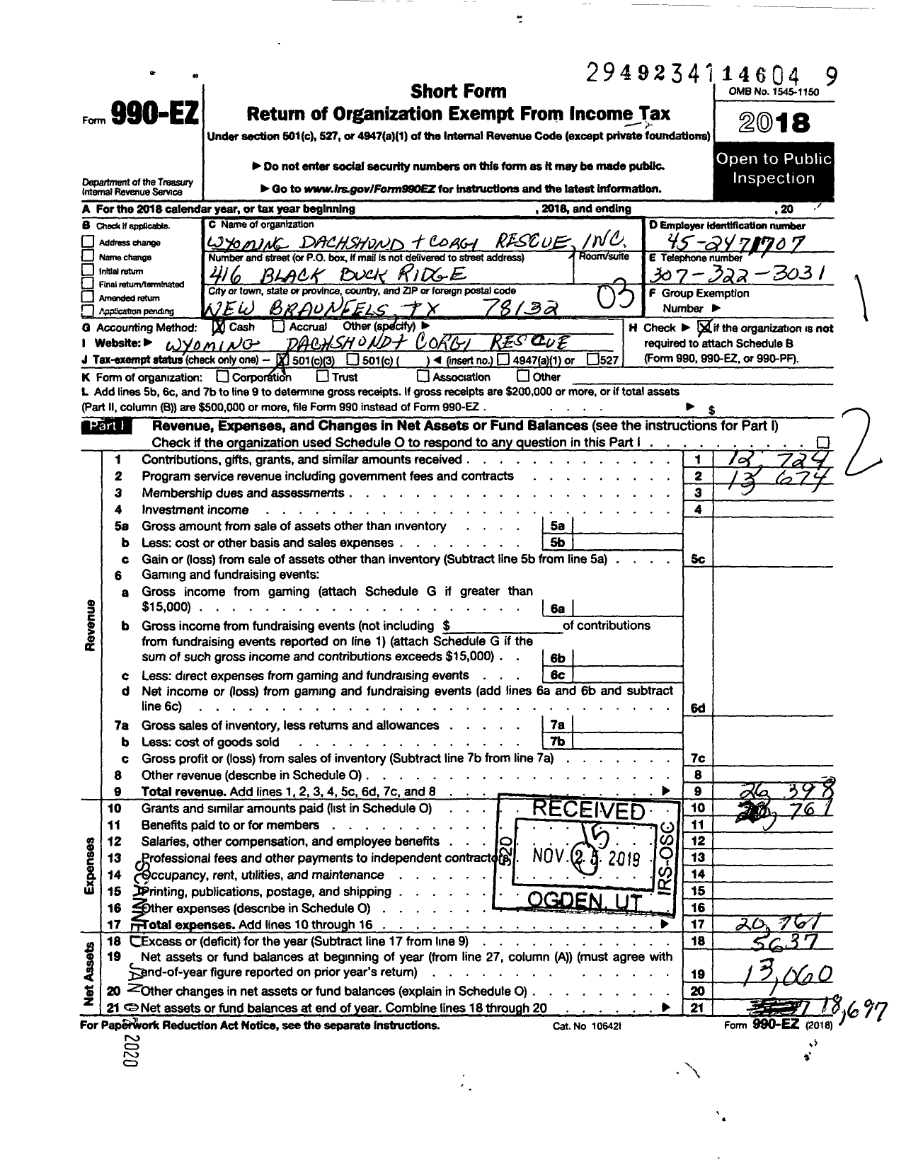 Image of first page of 2018 Form 990EZ for Wyoming Dachshund and Corgi Rescue