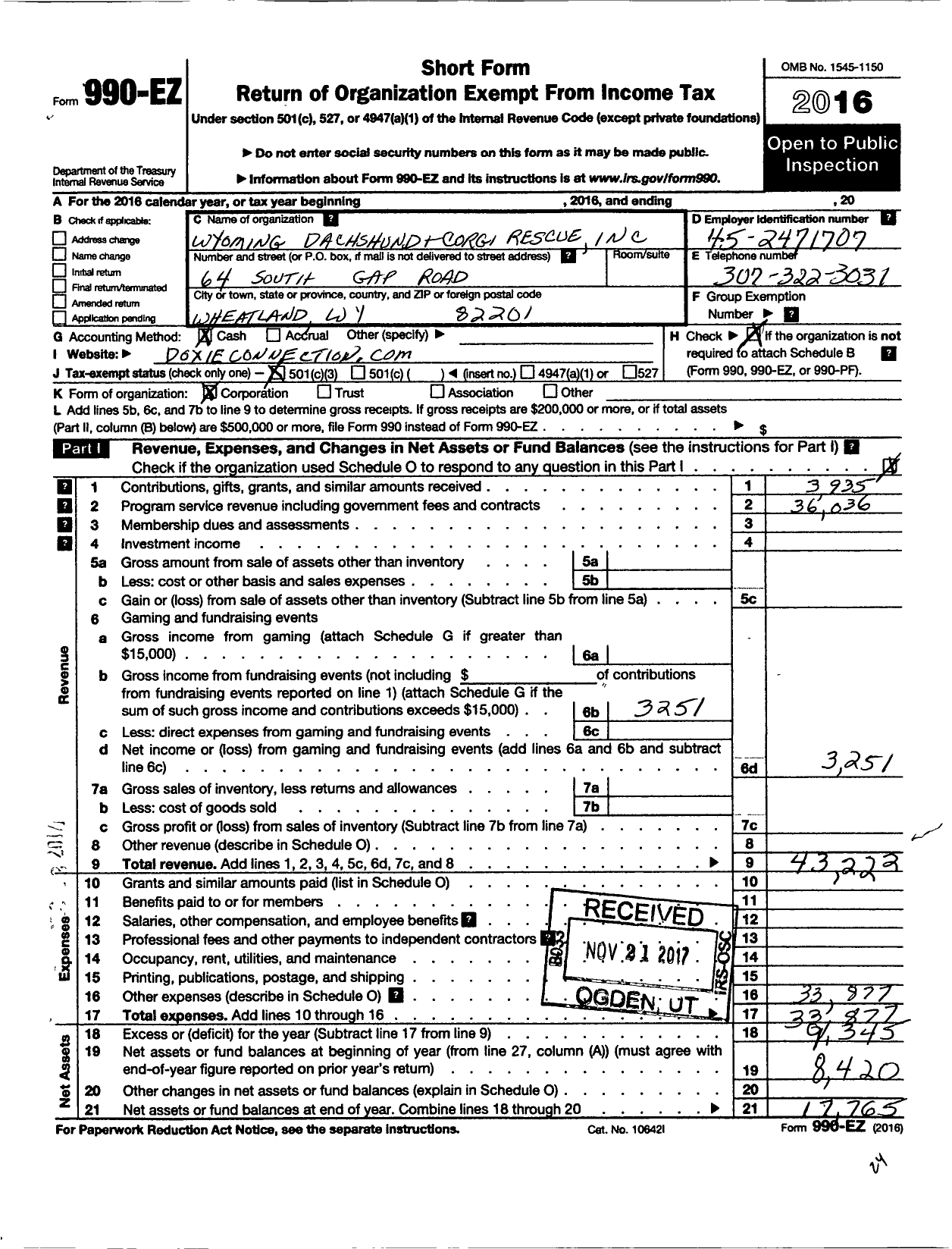 Image of first page of 2016 Form 990EZ for Wyoming Dachshund and Corgi Rescue