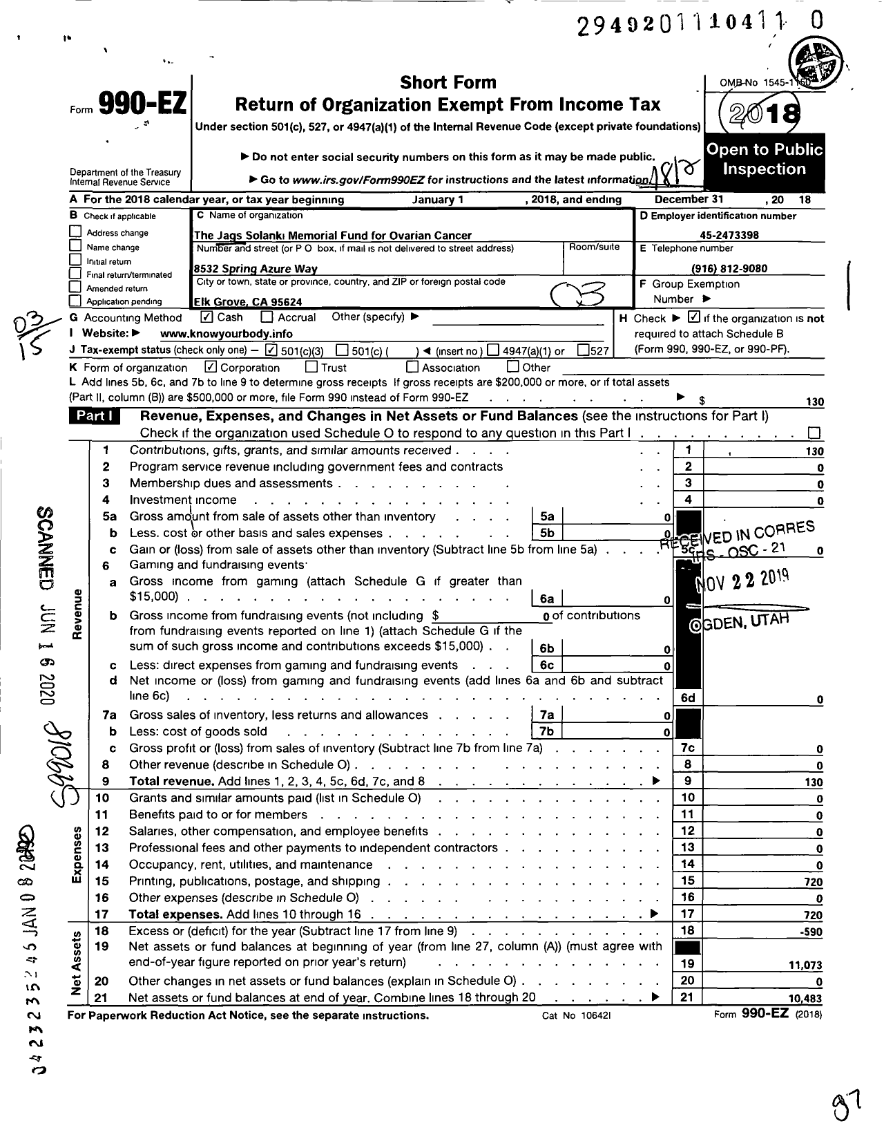 Image of first page of 2018 Form 990EZ for Jags Solanki Memorial Fund for Ovarian Cancer