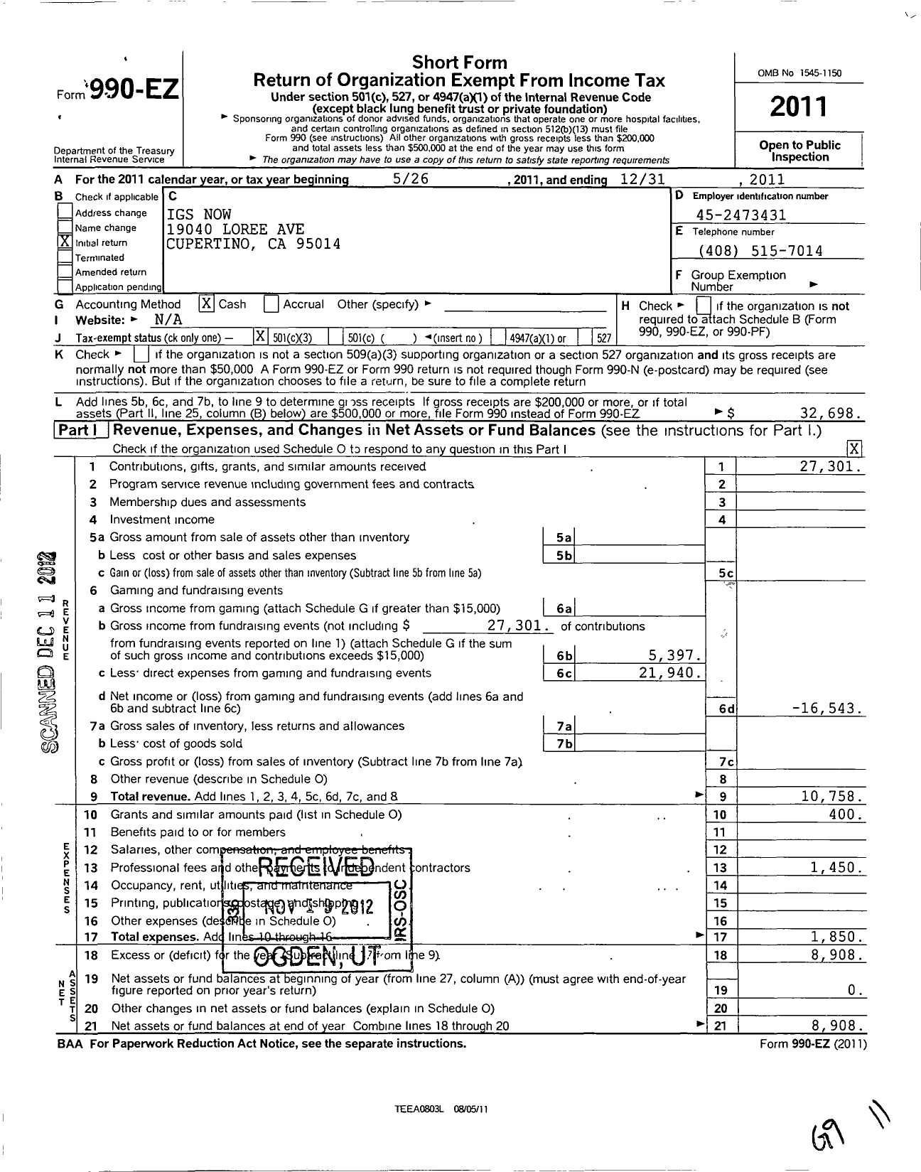 Image of first page of 2011 Form 990EZ for Igs Now