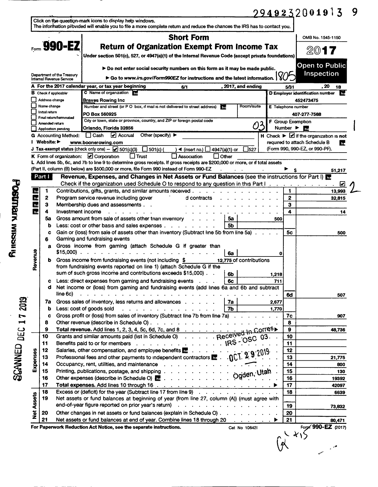 Image of first page of 2017 Form 990EZ for Braves Rowing