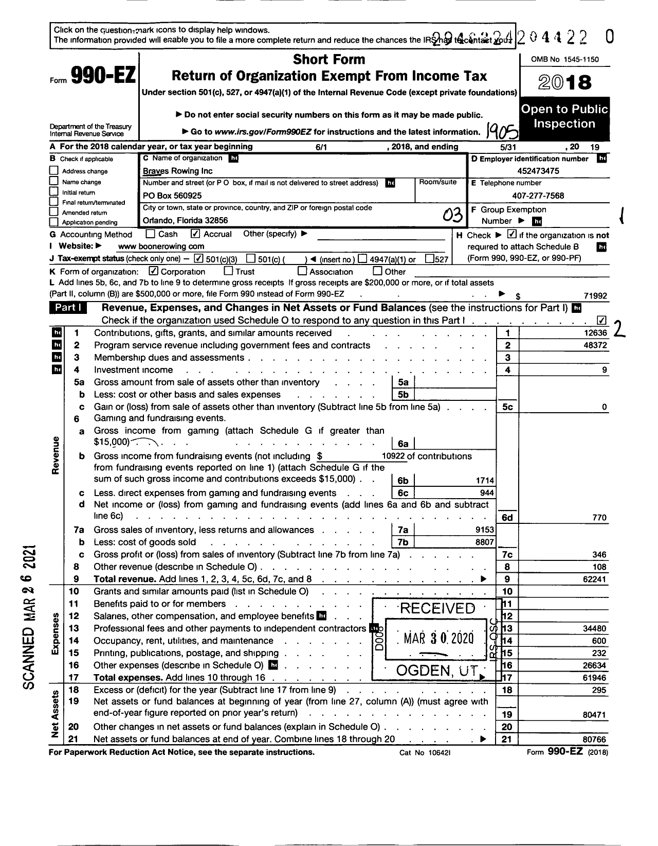 Image of first page of 2018 Form 990EZ for Braves Rowing