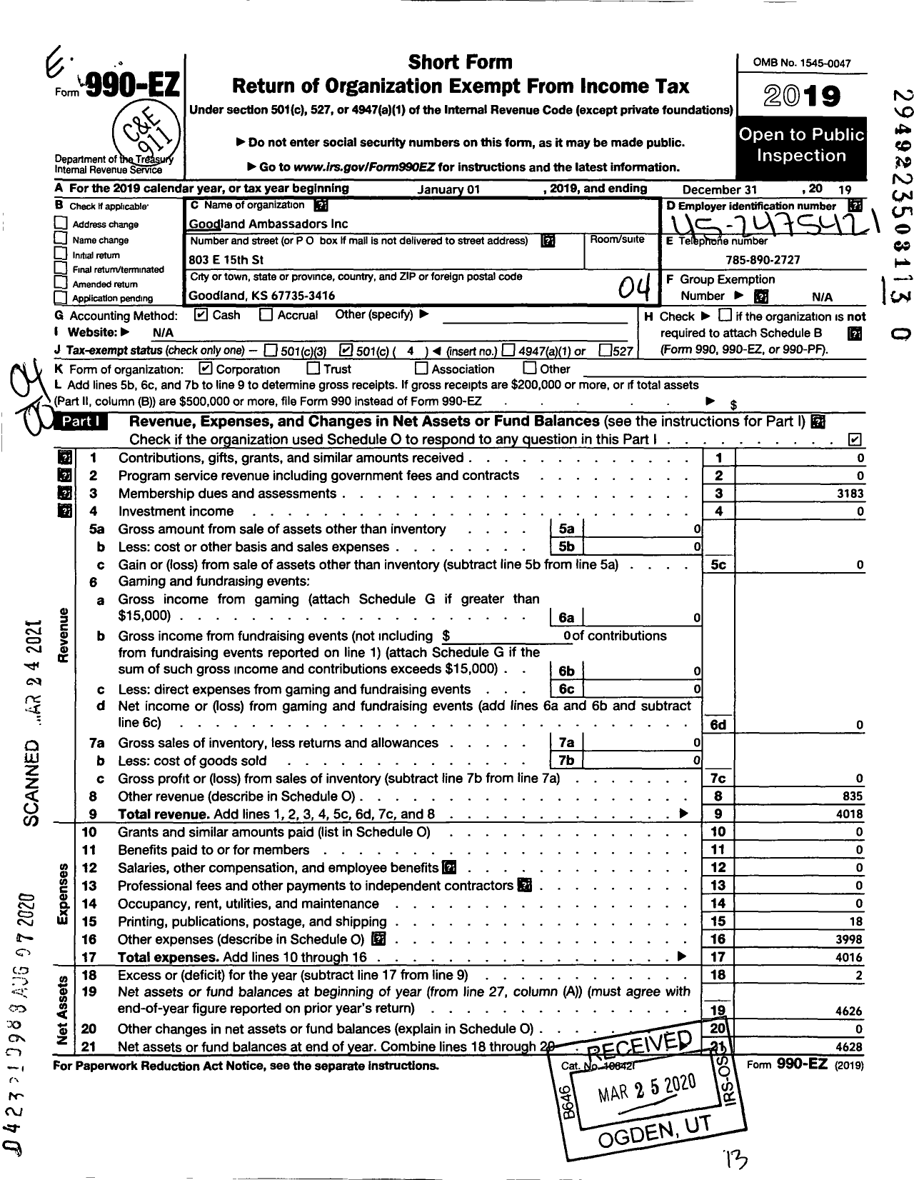 Image of first page of 2019 Form 990EO for Goodland Ambassadors