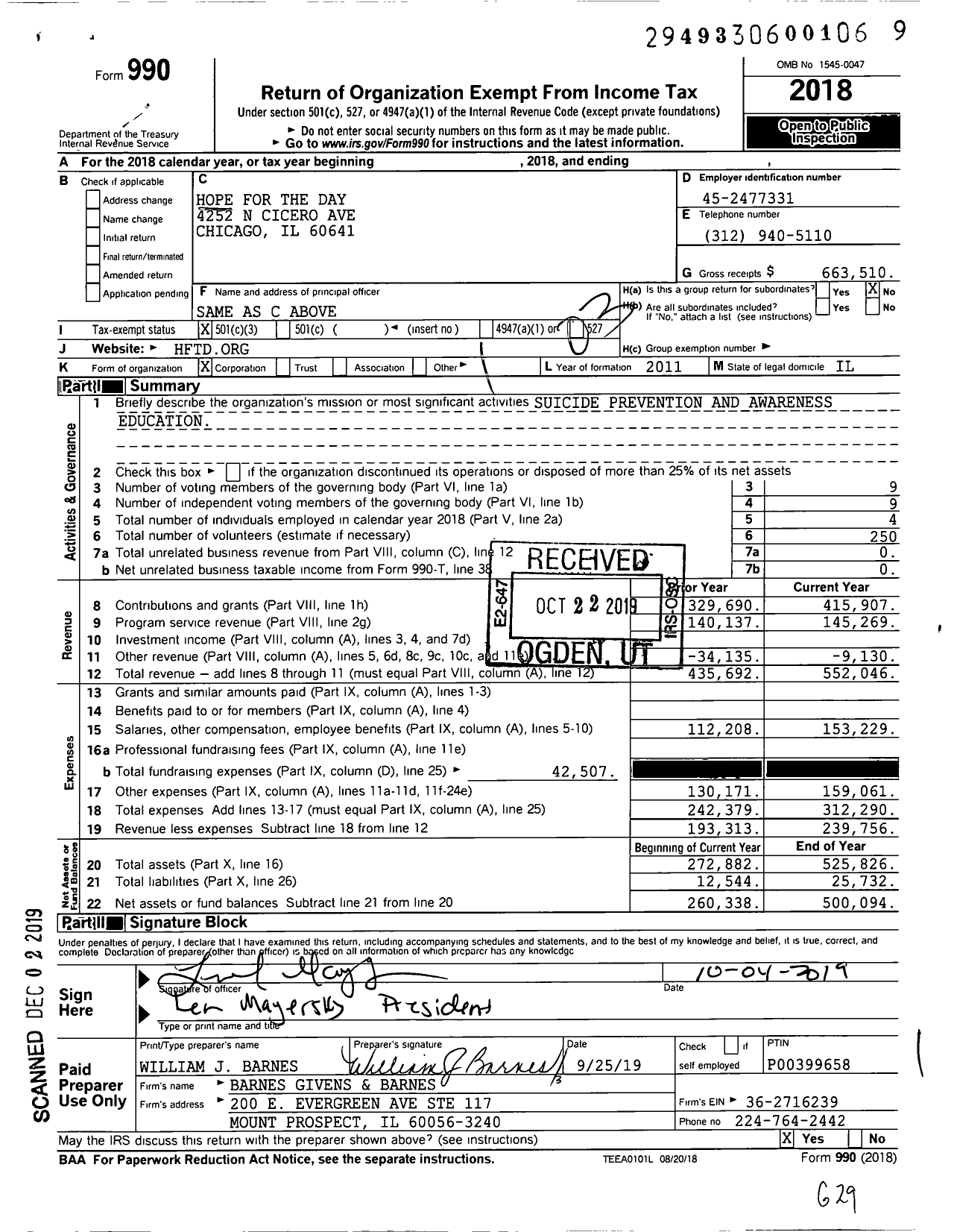 Image of first page of 2018 Form 990 for Hope for the Day