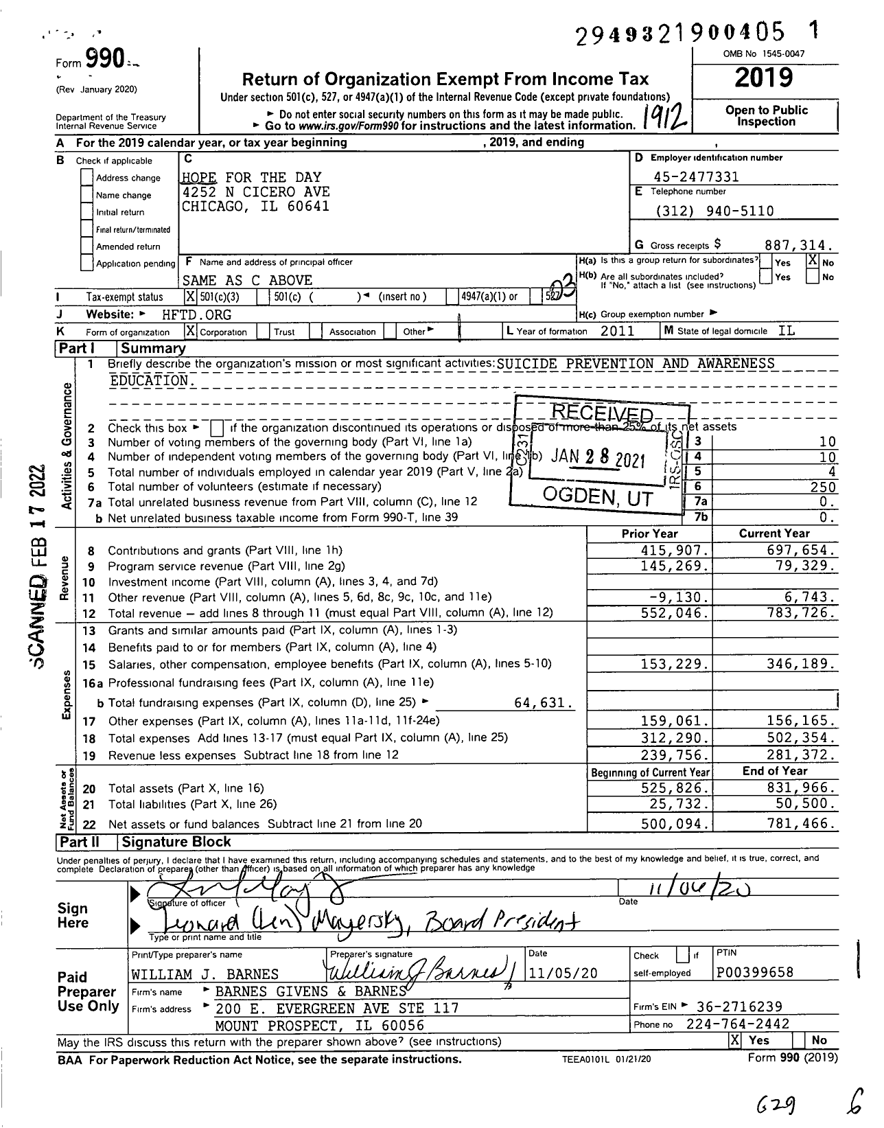 Image of first page of 2019 Form 990 for Hope for the Day