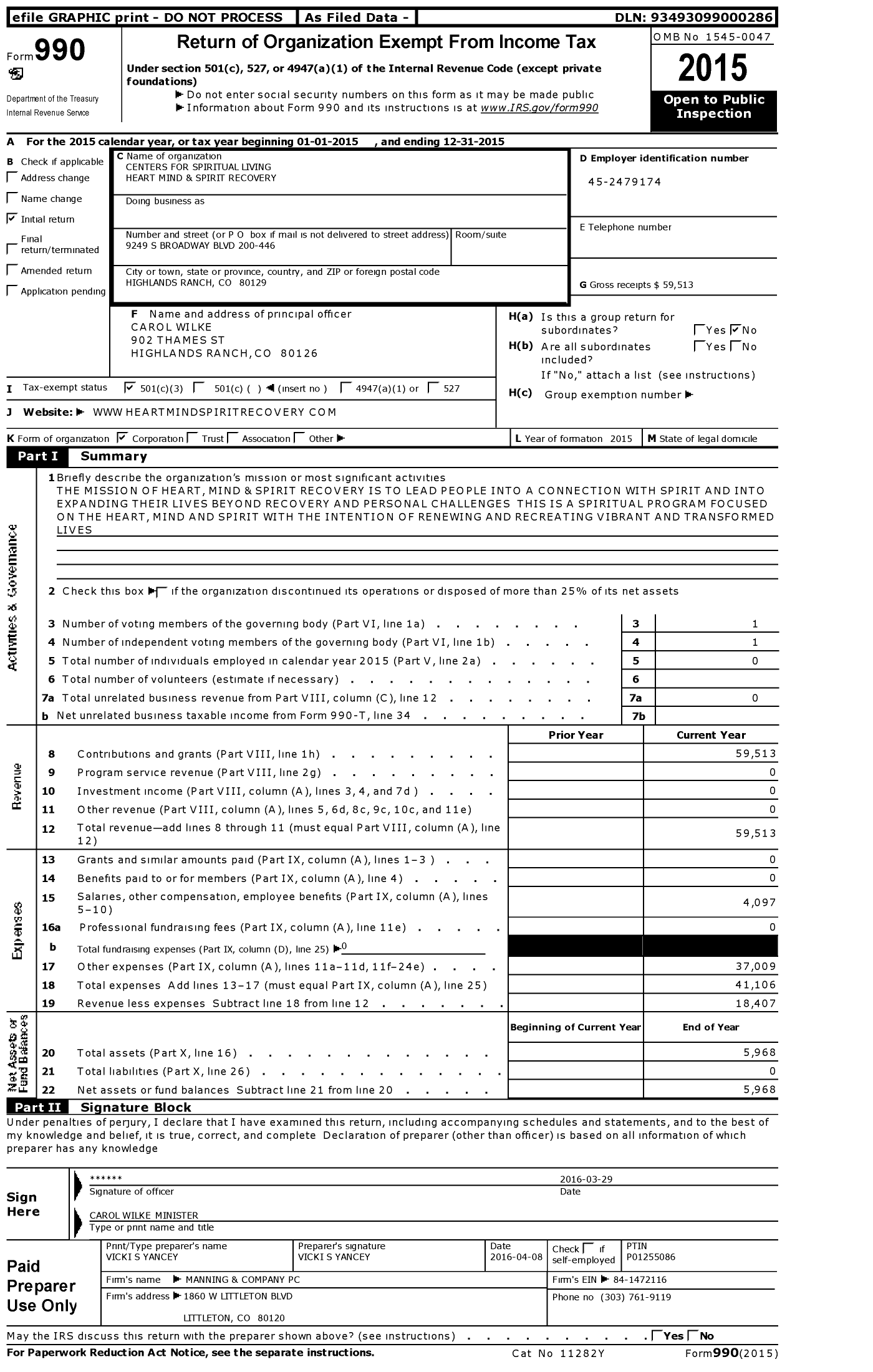 Image of first page of 2015 Form 990 for Centers for Spiritual Living Heart Mind and Spirit Recovery