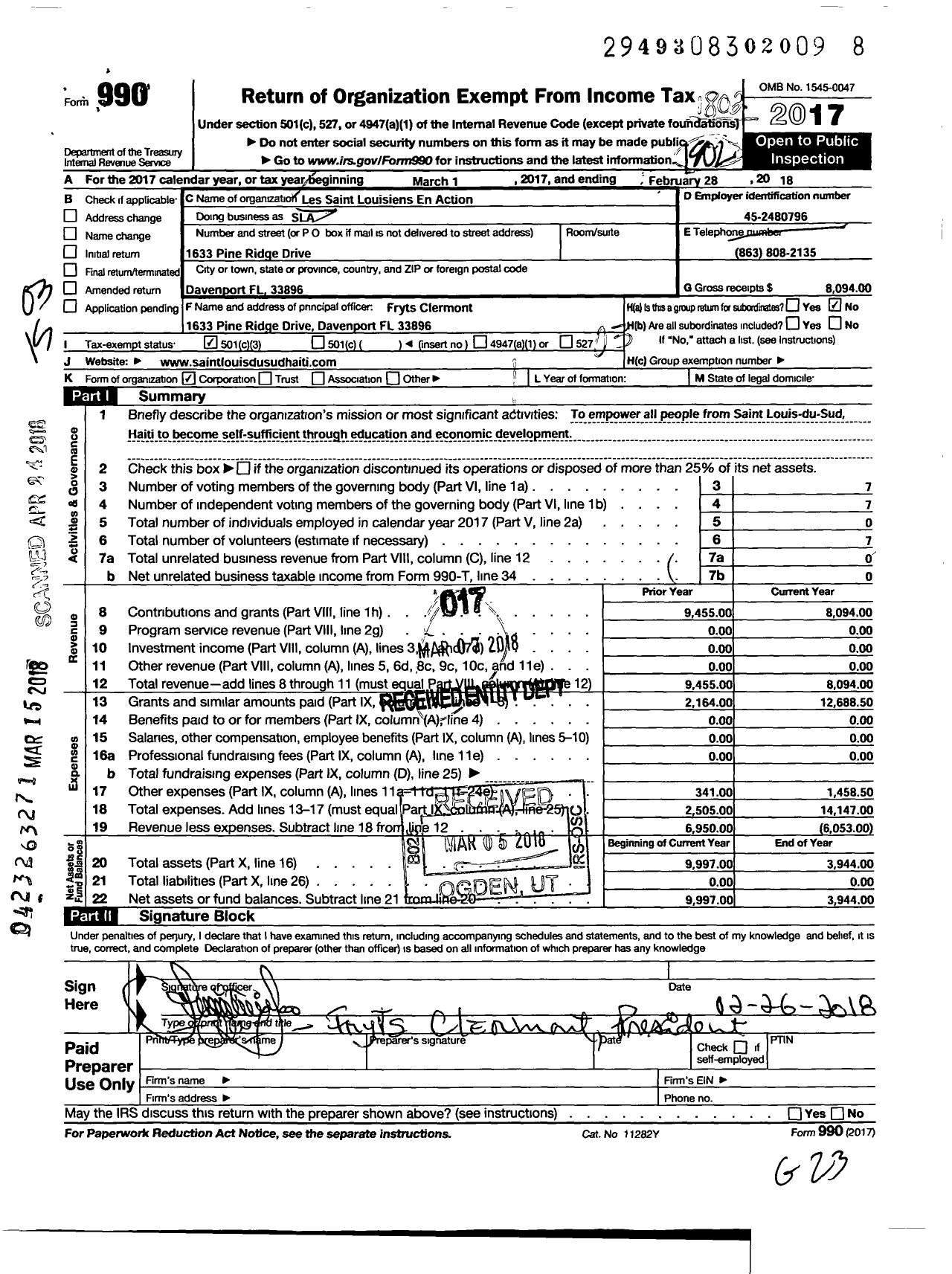 Image of first page of 2017 Form 990 for Les Saint Louisiens En Action