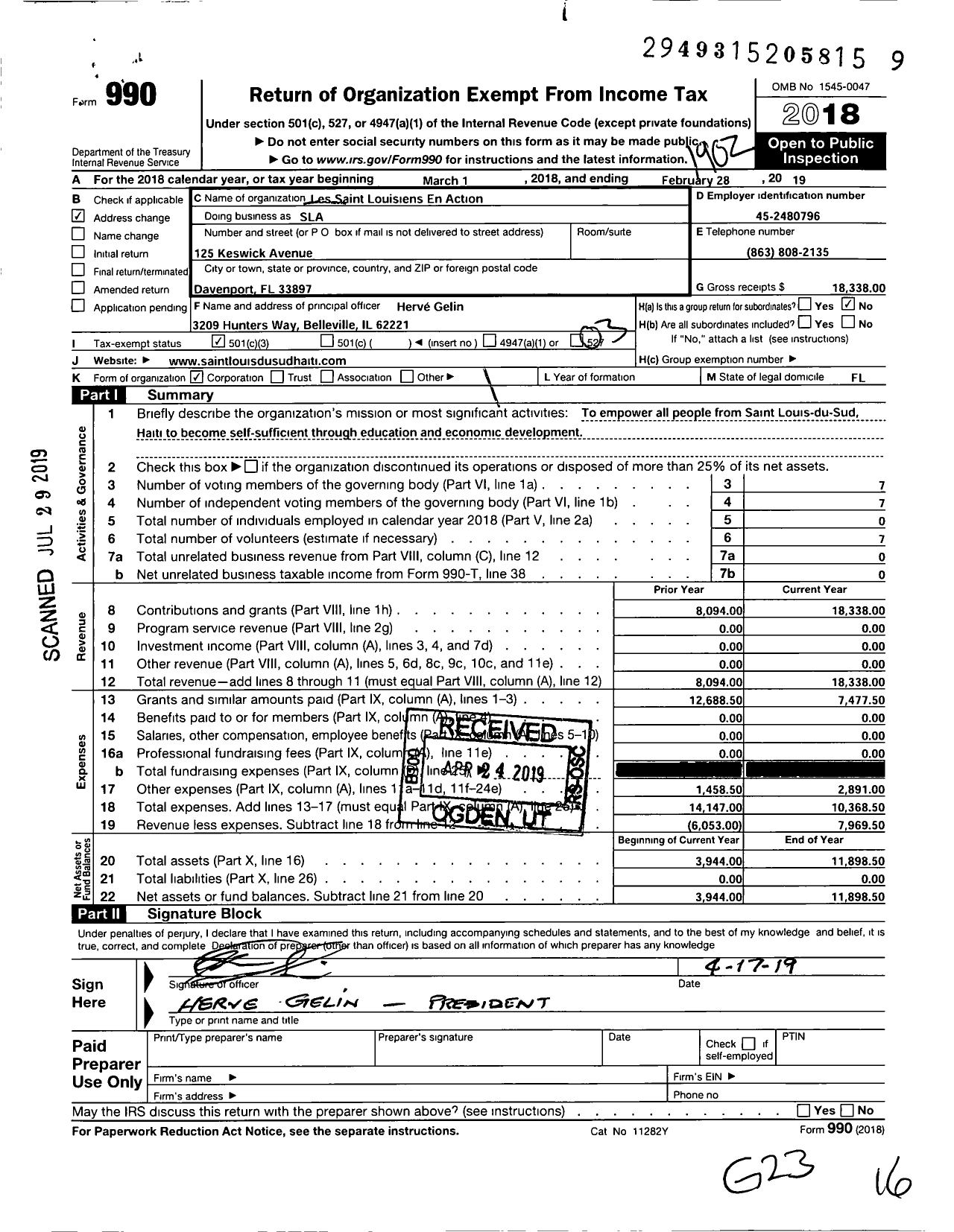 Image of first page of 2018 Form 990 for Les Saint Louisiens En Action