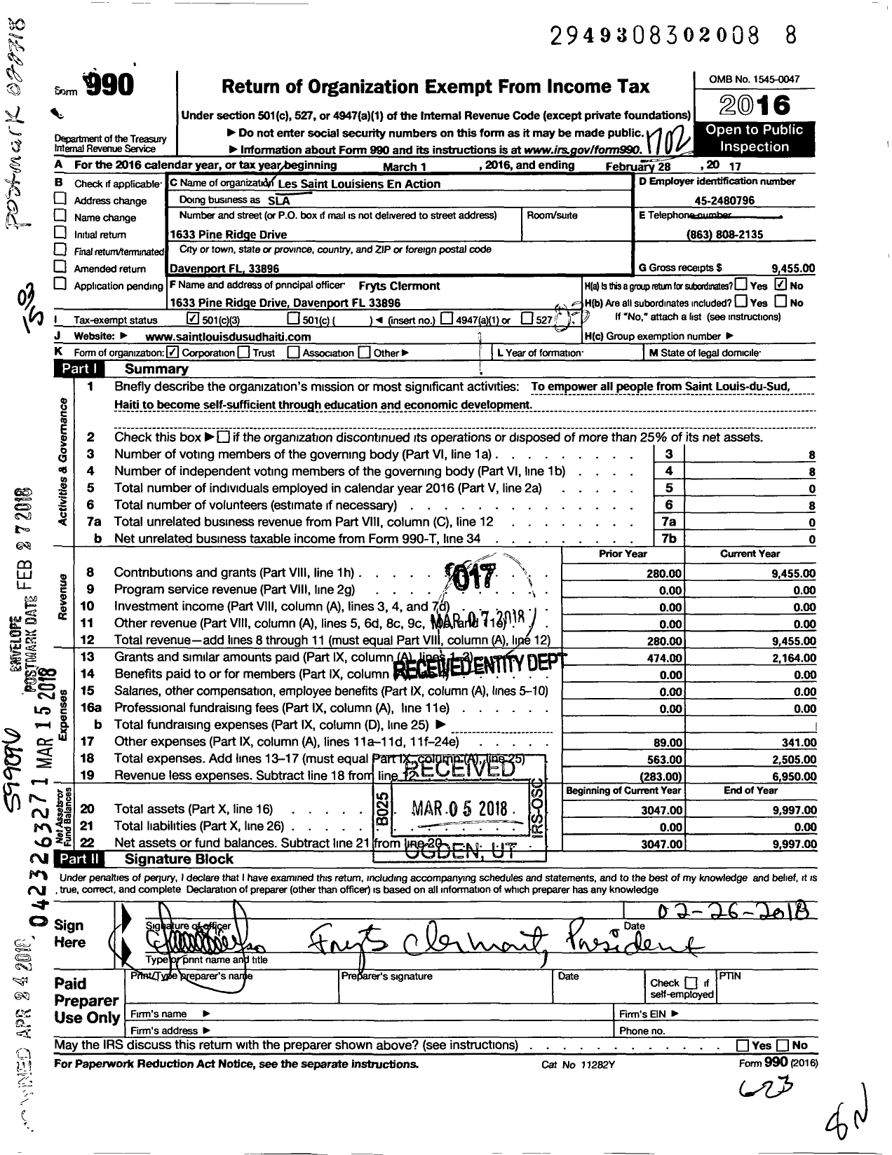 Image of first page of 2016 Form 990 for Les Saint Louisiens En Action