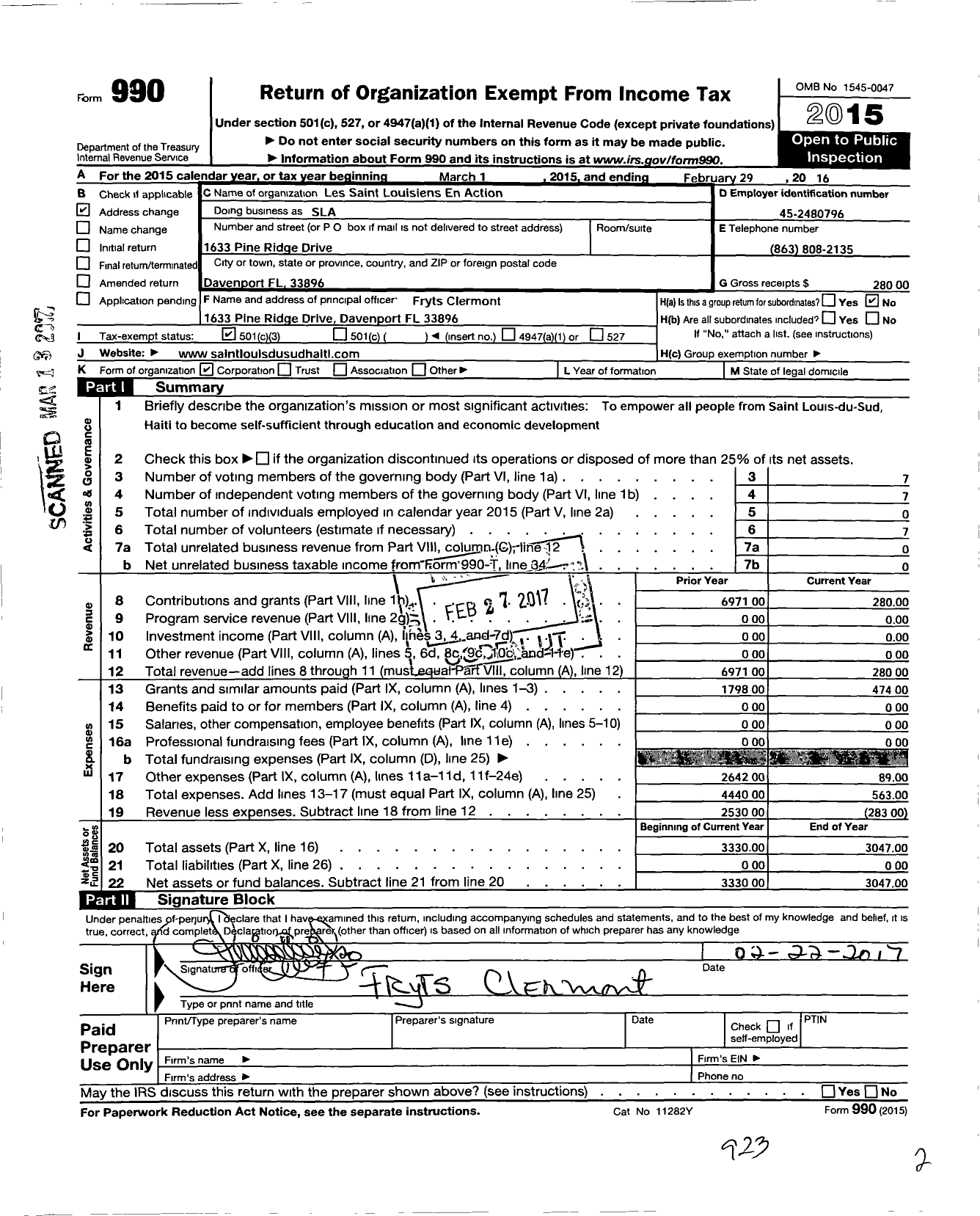 Image of first page of 2015 Form 990 for Les Saint Louisiens En Action