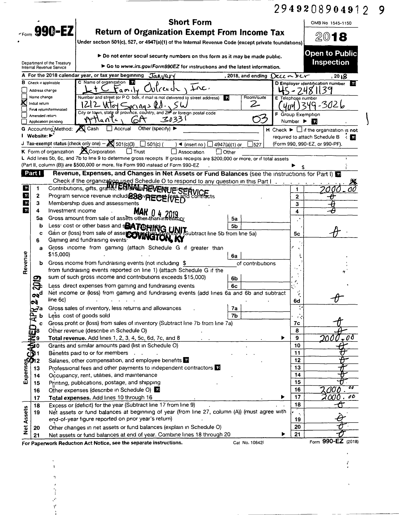 Image of first page of 2018 Form 990EZ for L and C Family Outreach Incorporated