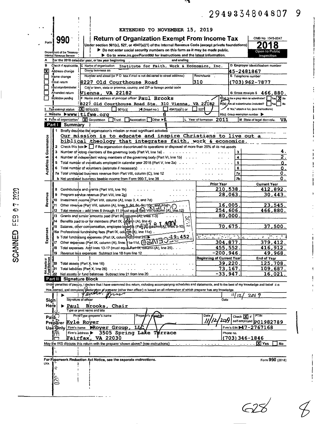 Image of first page of 2018 Form 990 for Institute for Faith Work & Economics (IFWE)