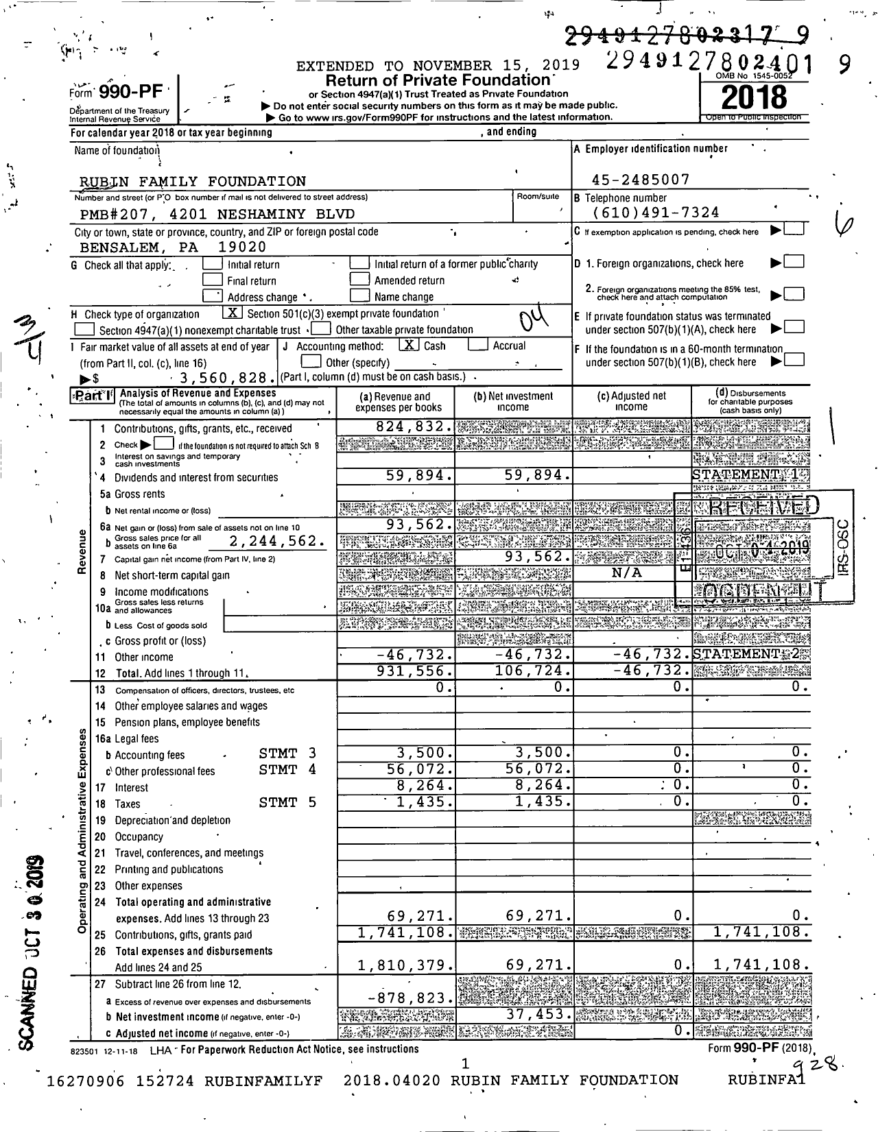 Image of first page of 2018 Form 990PF for Rubin Family Foundation