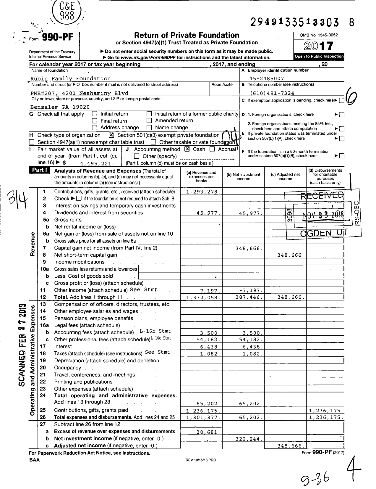 Image of first page of 2017 Form 990PF for Rubin Family Foundation