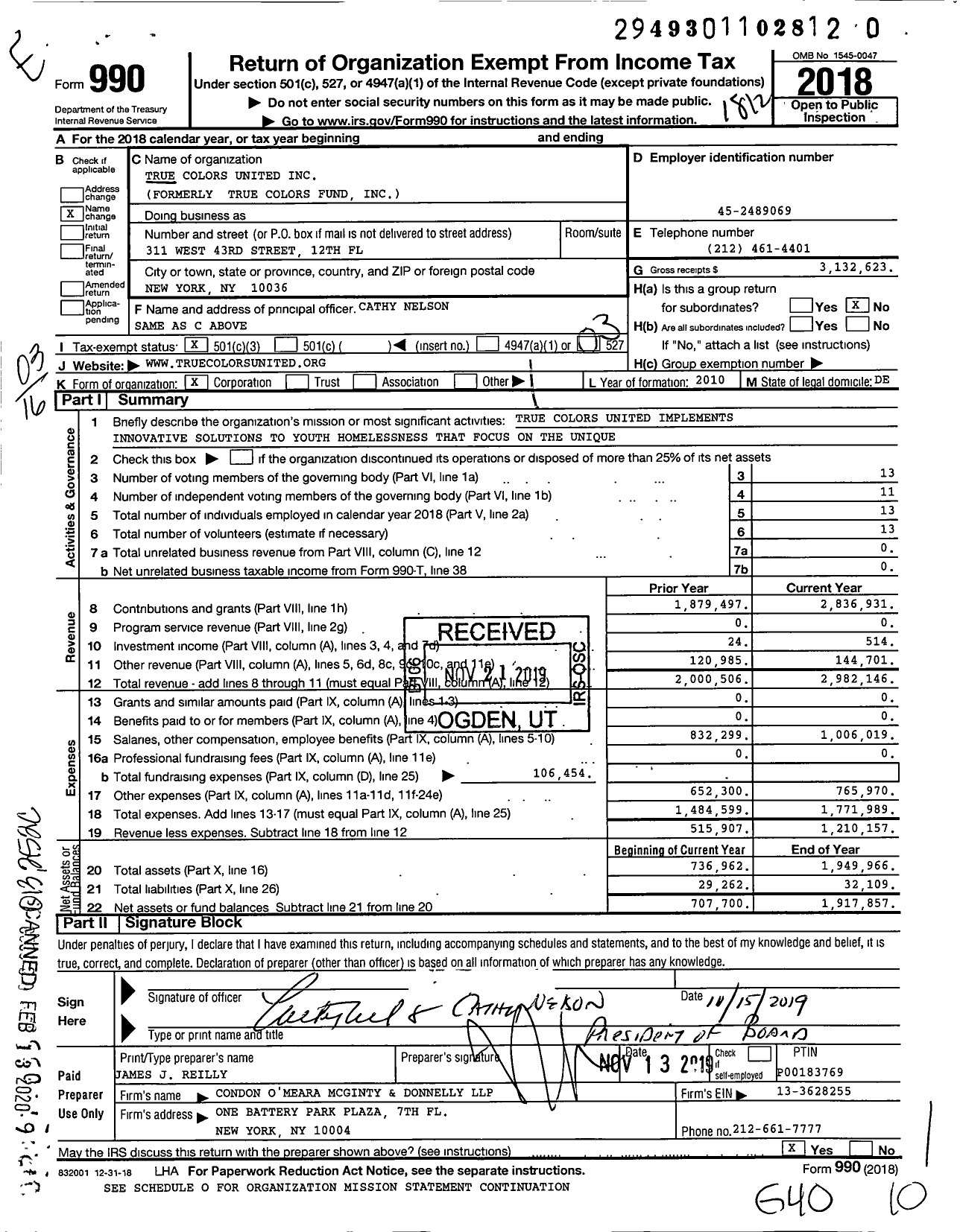 Image of first page of 2018 Form 990 for True Colors United