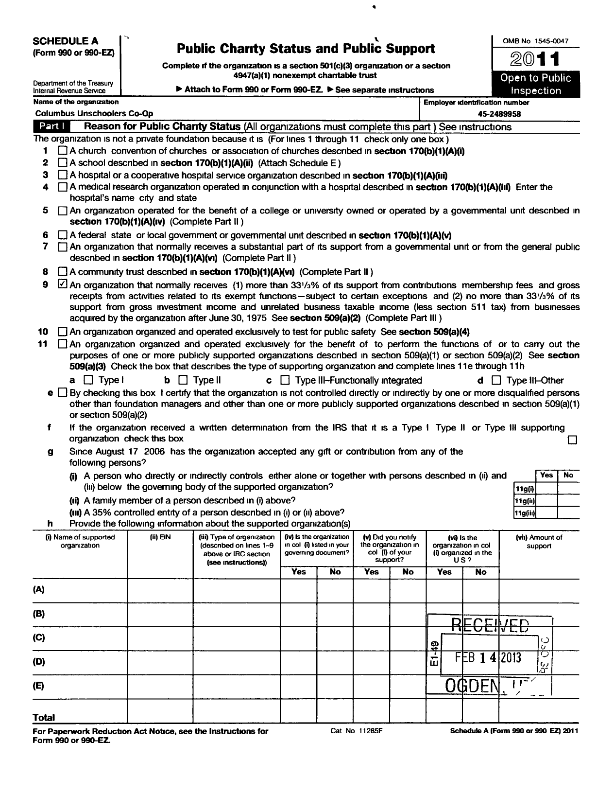 Image of first page of 2011 Form 990ER for Columbus Unschoolers Co-Op