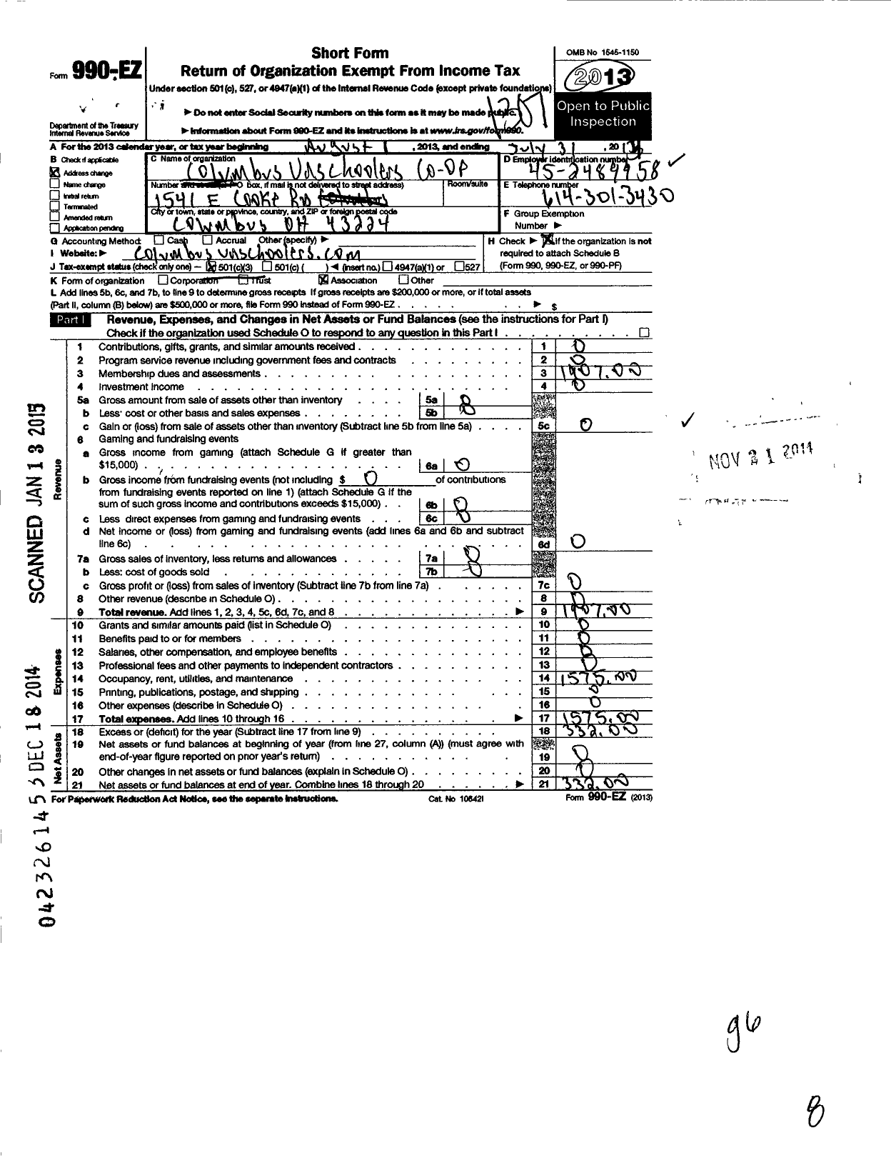 Image of first page of 2012 Form 990EZ for Columbus Unschoolers Co-Op