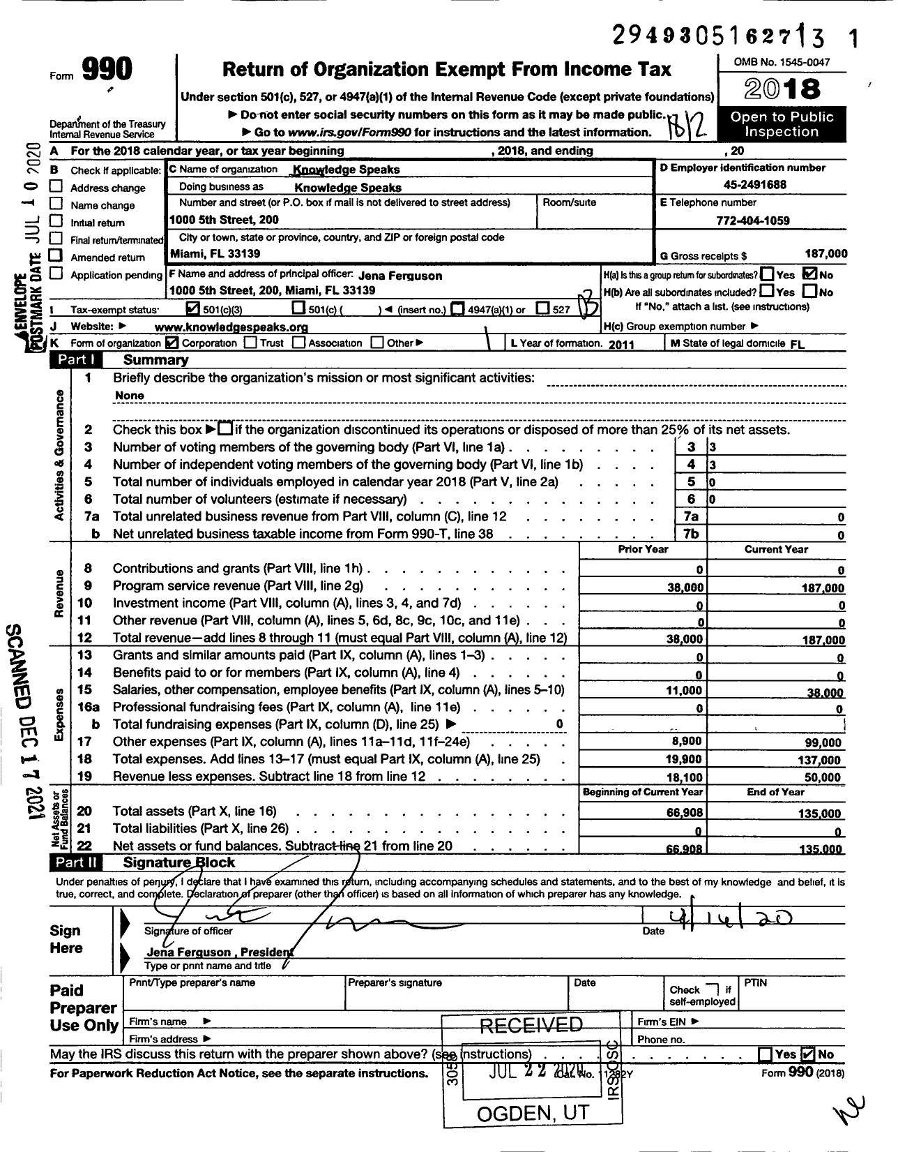 Image of first page of 2018 Form 990 for Knowledge Speaks