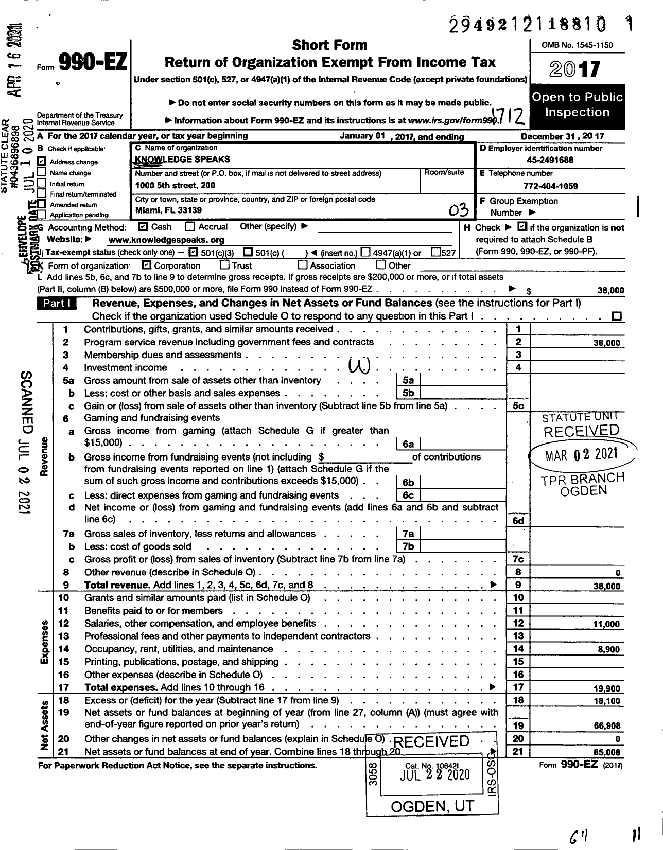 Image of first page of 2017 Form 990EZ for Knowledge Speaks