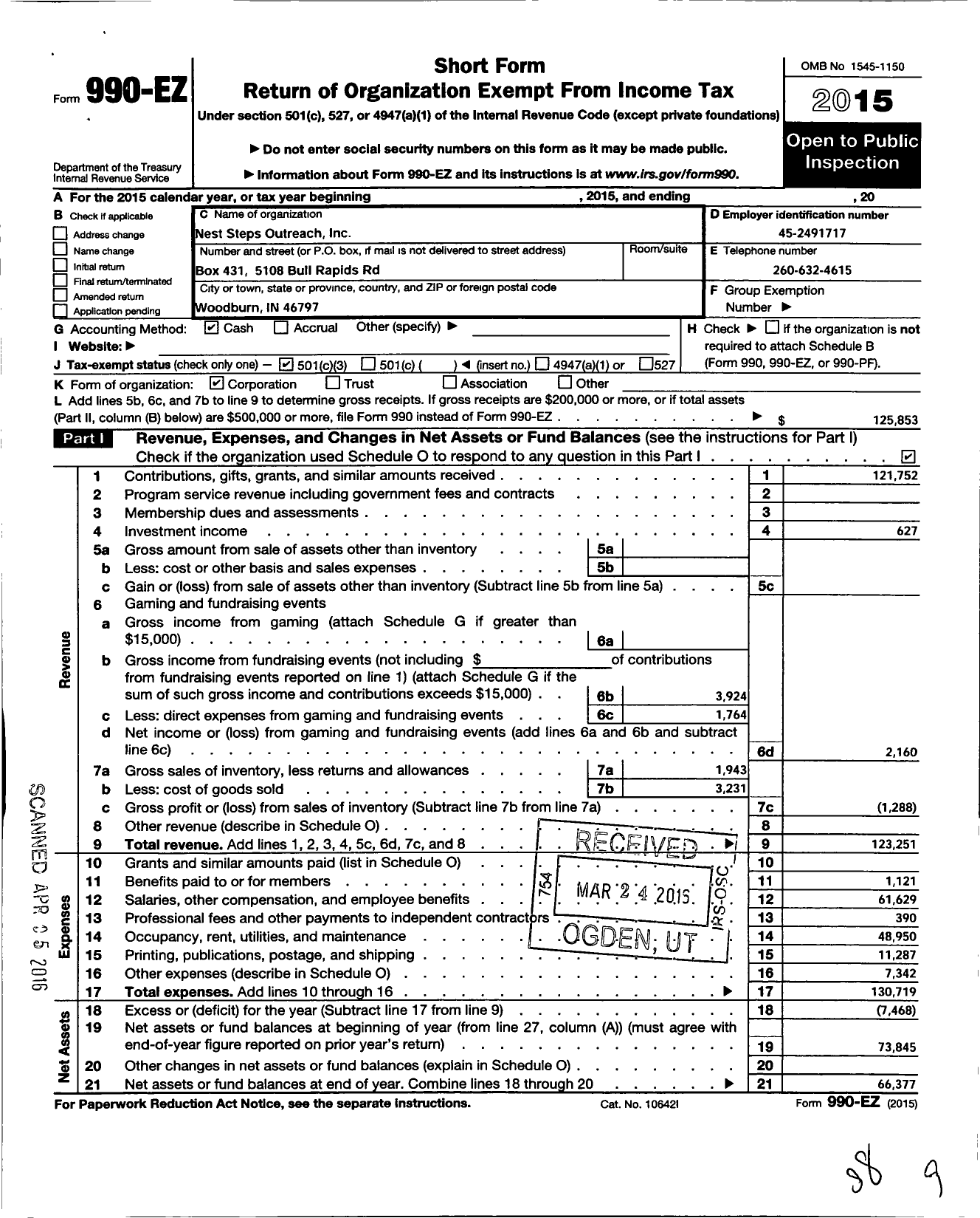 Image of first page of 2015 Form 990EZ for Next Step Outreach