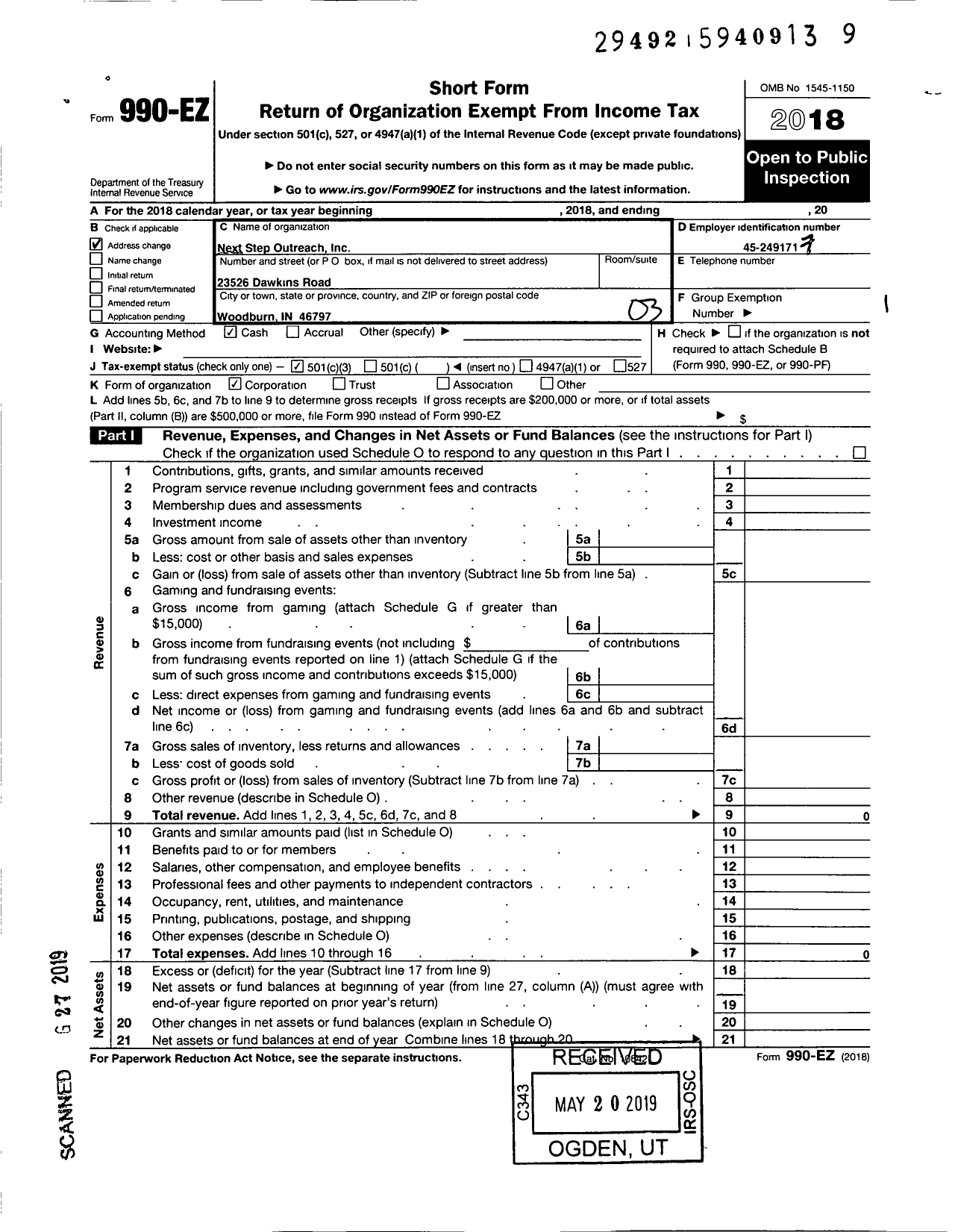 Image of first page of 2018 Form 990EZ for Next Step Outreach