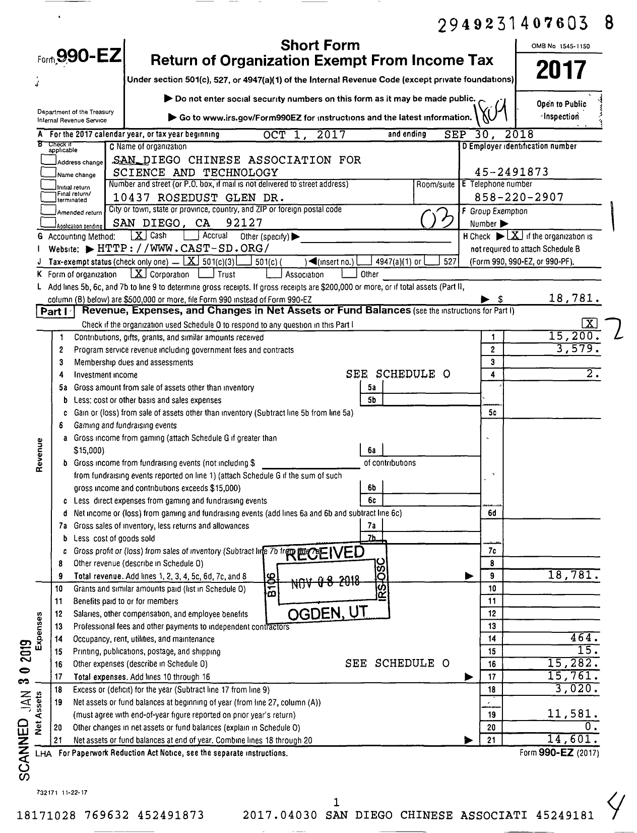 Image of first page of 2017 Form 990EZ for San Diego Chinese Association for Science and Technology