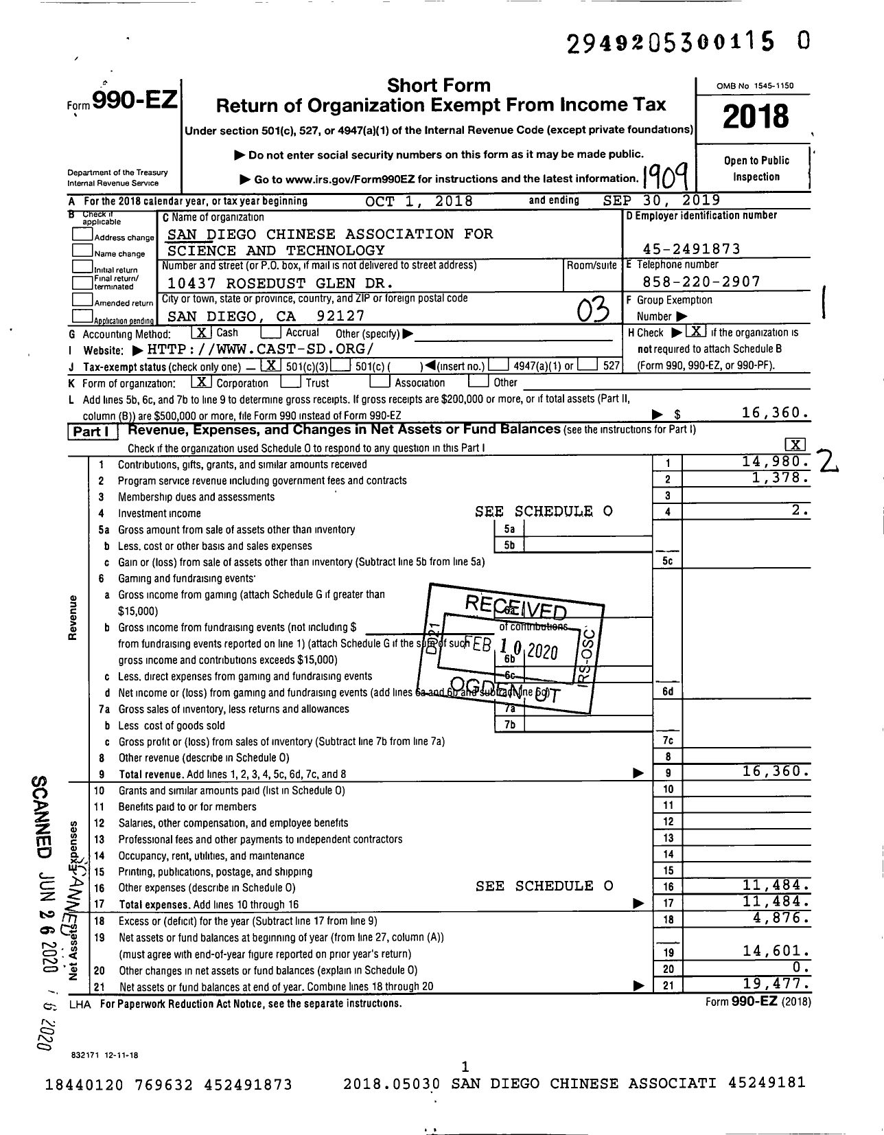 Image of first page of 2018 Form 990EZ for San Diego Chinese Association for Science and Technology