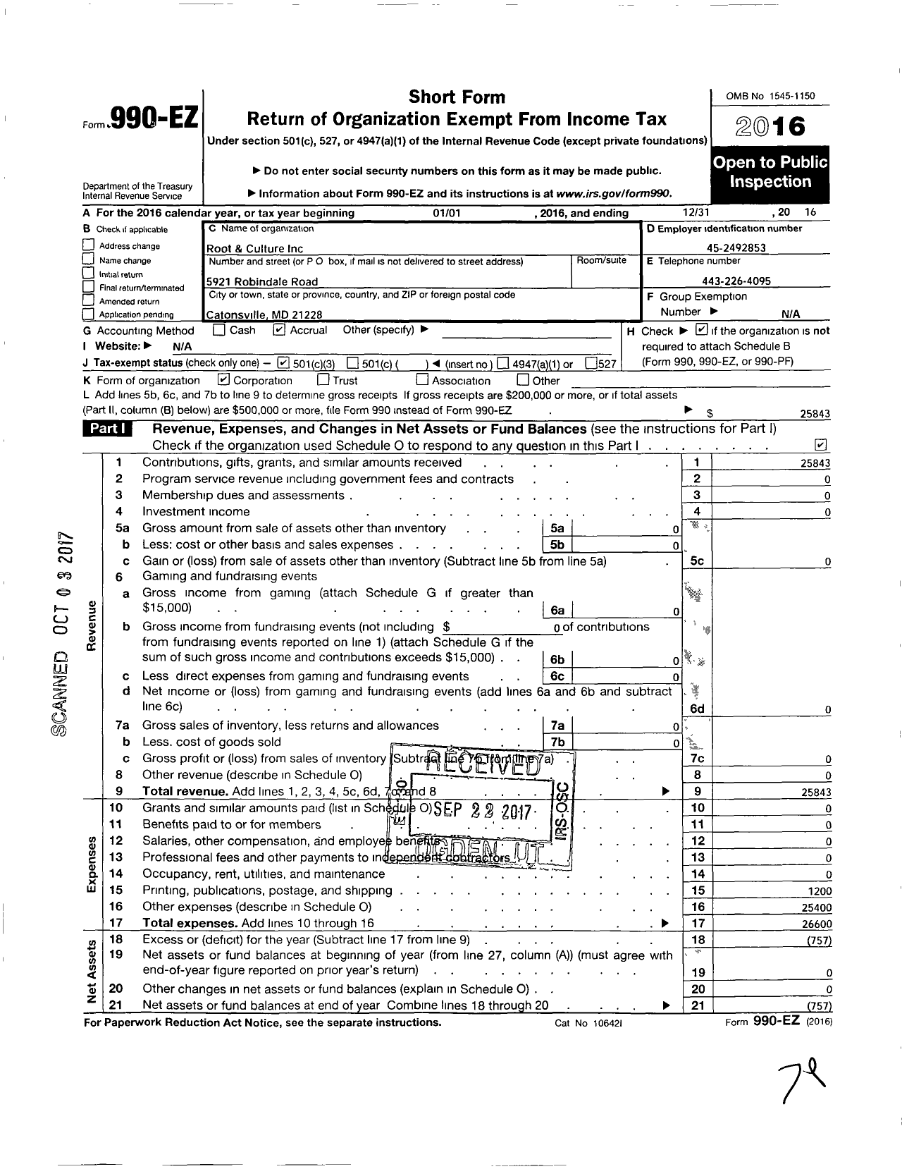 Image of first page of 2016 Form 990EZ for Root and Culture