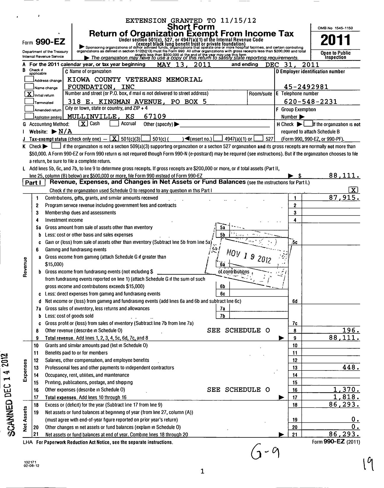 Image of first page of 2011 Form 990EZ for Kiowa County Veterans Memorial Foundation