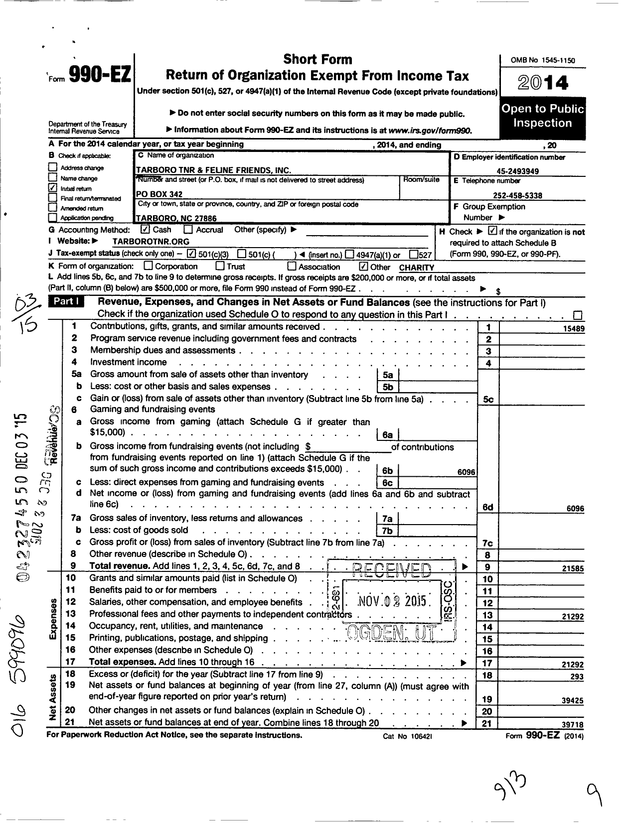 Image of first page of 2014 Form 990EZ for Tarboro TNR and Feline Friends