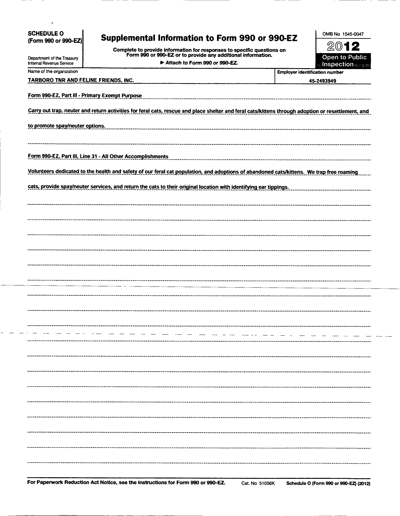 Image of first page of 2012 Form 990EZ for Tarboro TNR and Feline Friends