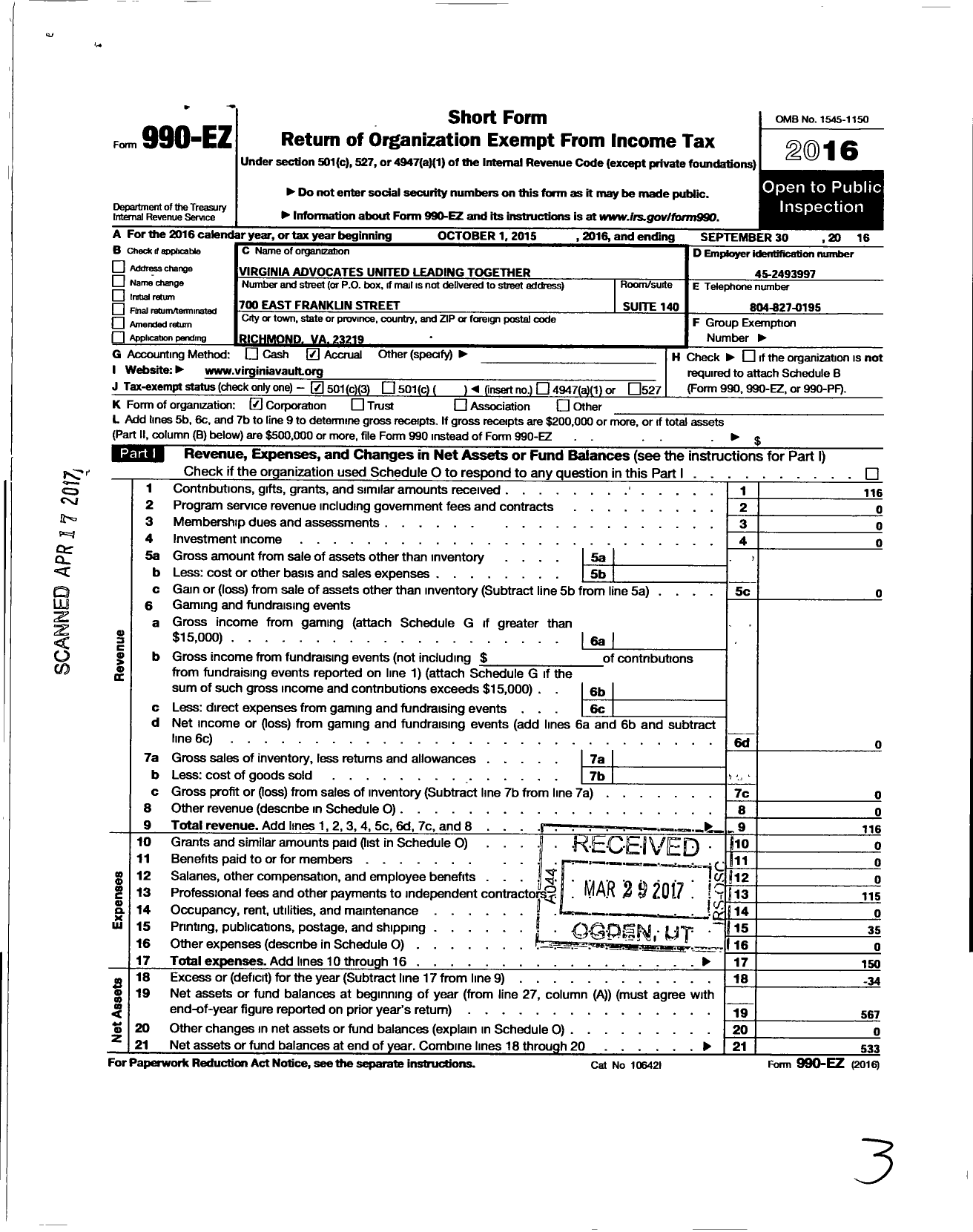 Image of first page of 2015 Form 990EZ for Virginia Advocates United Leading Together