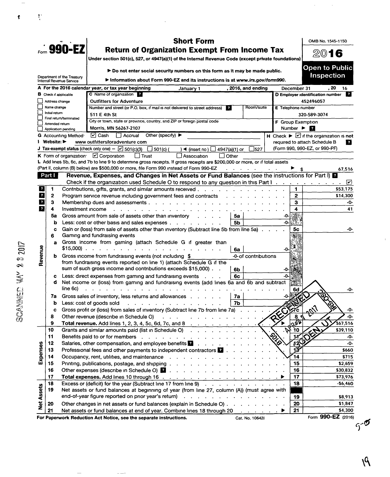 Image of first page of 2016 Form 990EZ for Outfitters for Adventure