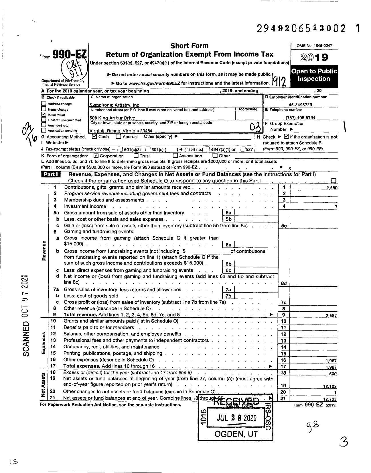 Image of first page of 2019 Form 990EZ for Symphonic Artistry