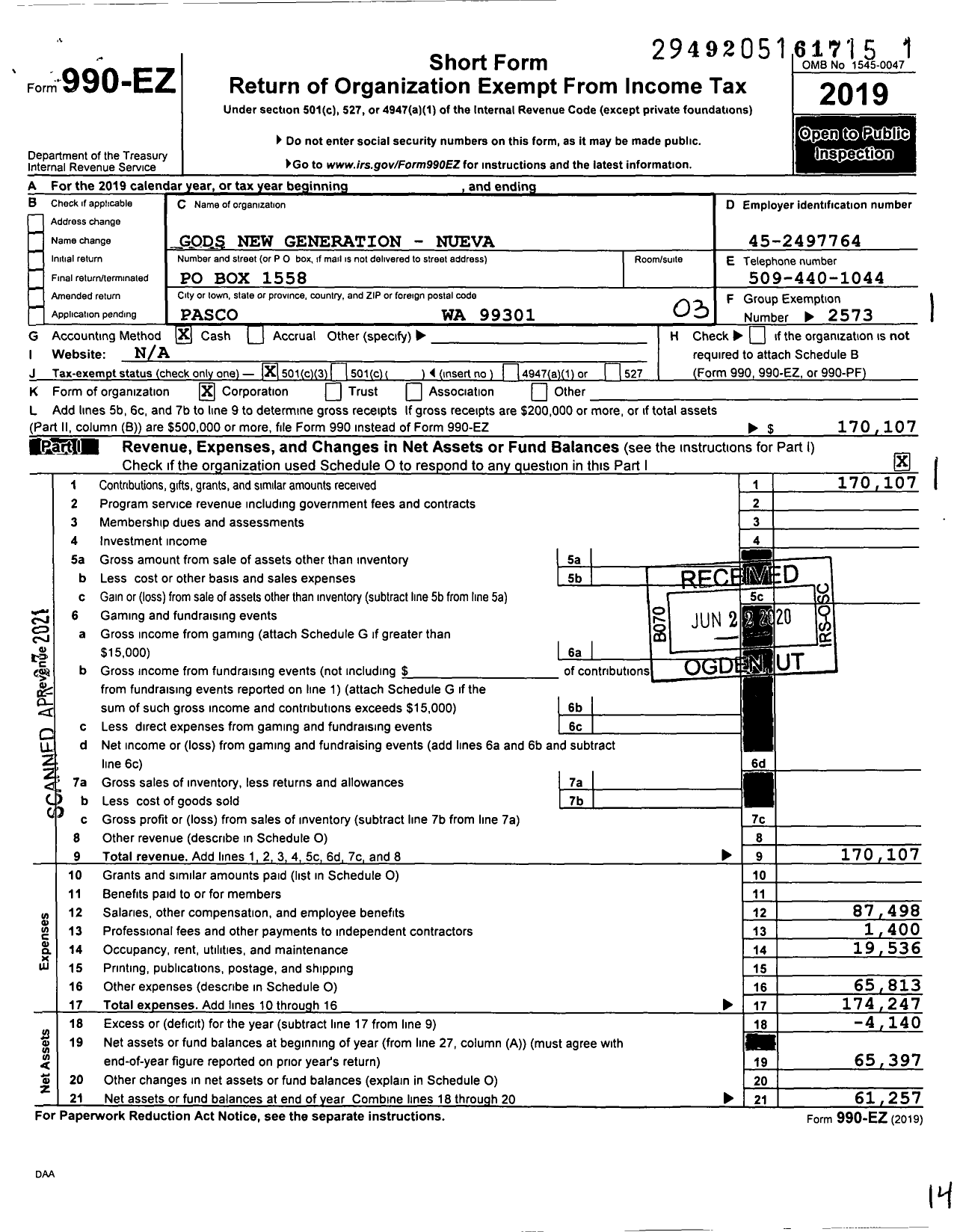 Image of first page of 2019 Form 990EZ for Gods New Generation - Nueva