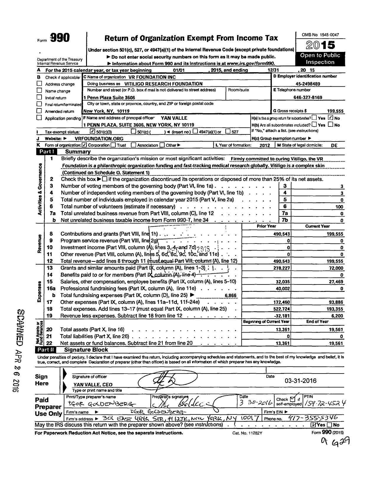 Image of first page of 2015 Form 990 for VR Foundation