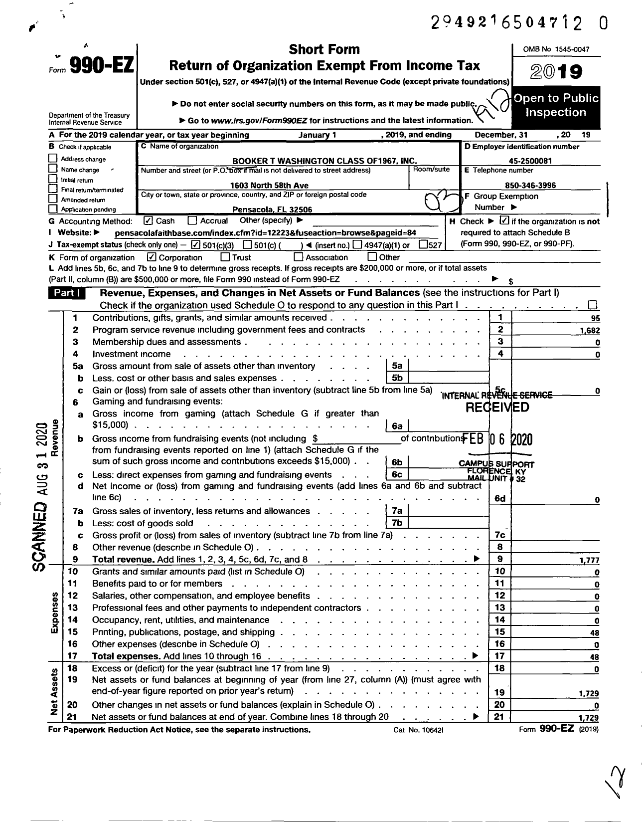 Image of first page of 2019 Form 990EZ for Booker T Washington Class 1967