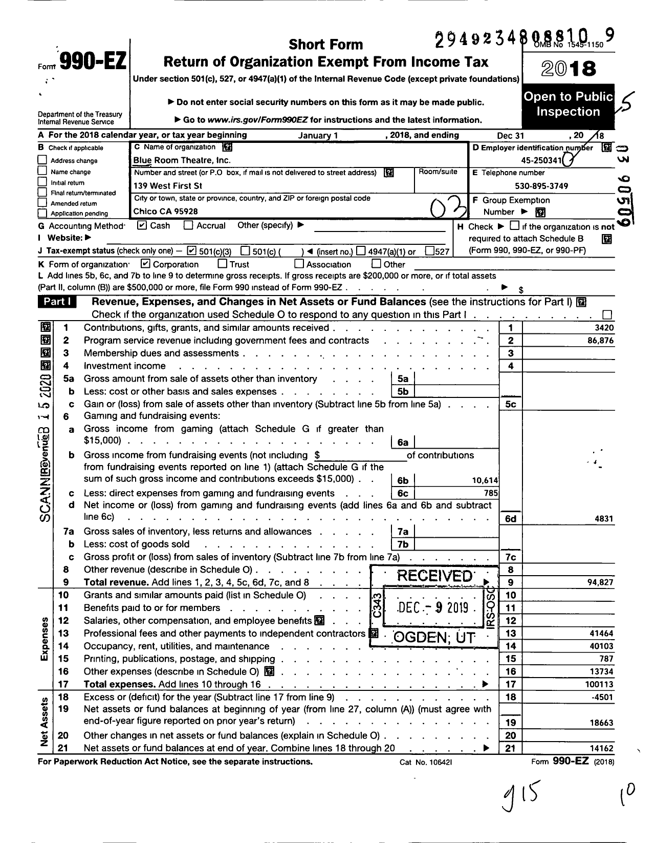 Image of first page of 2018 Form 990EZ for Blue Room Theatre