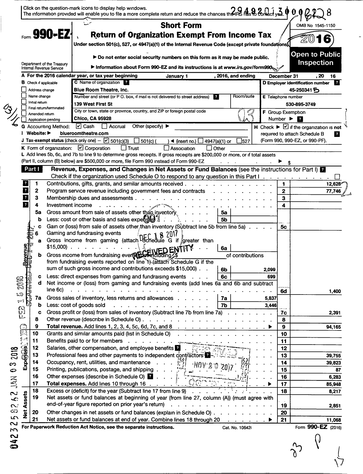 Image of first page of 2016 Form 990EZ for Blue Room Theatre