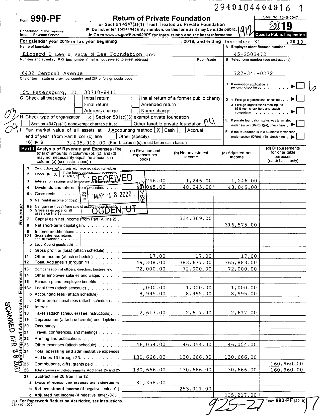 Image of first page of 2019 Form 990PF for Richard D Lee and Vera M Lee Foundation
