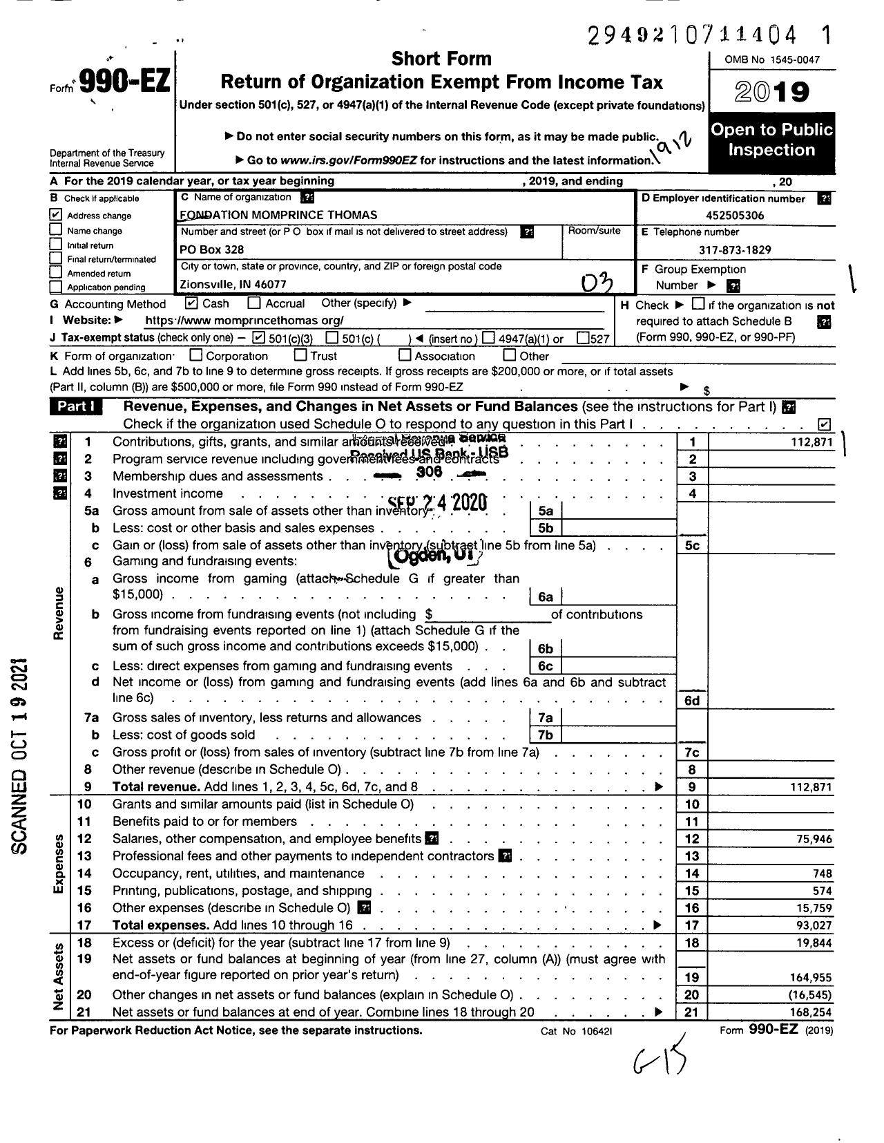 Image of first page of 2019 Form 990EZ for Fondation Momprince Thomas