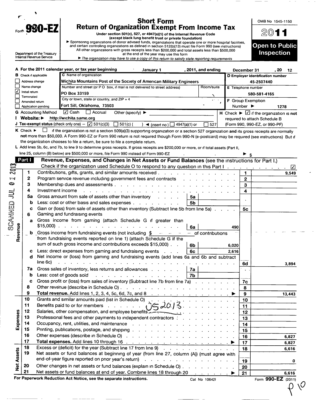 Image of first page of 2012 Form 990EZ for Society of American Military Engineers / S A M E Wichita Mountains