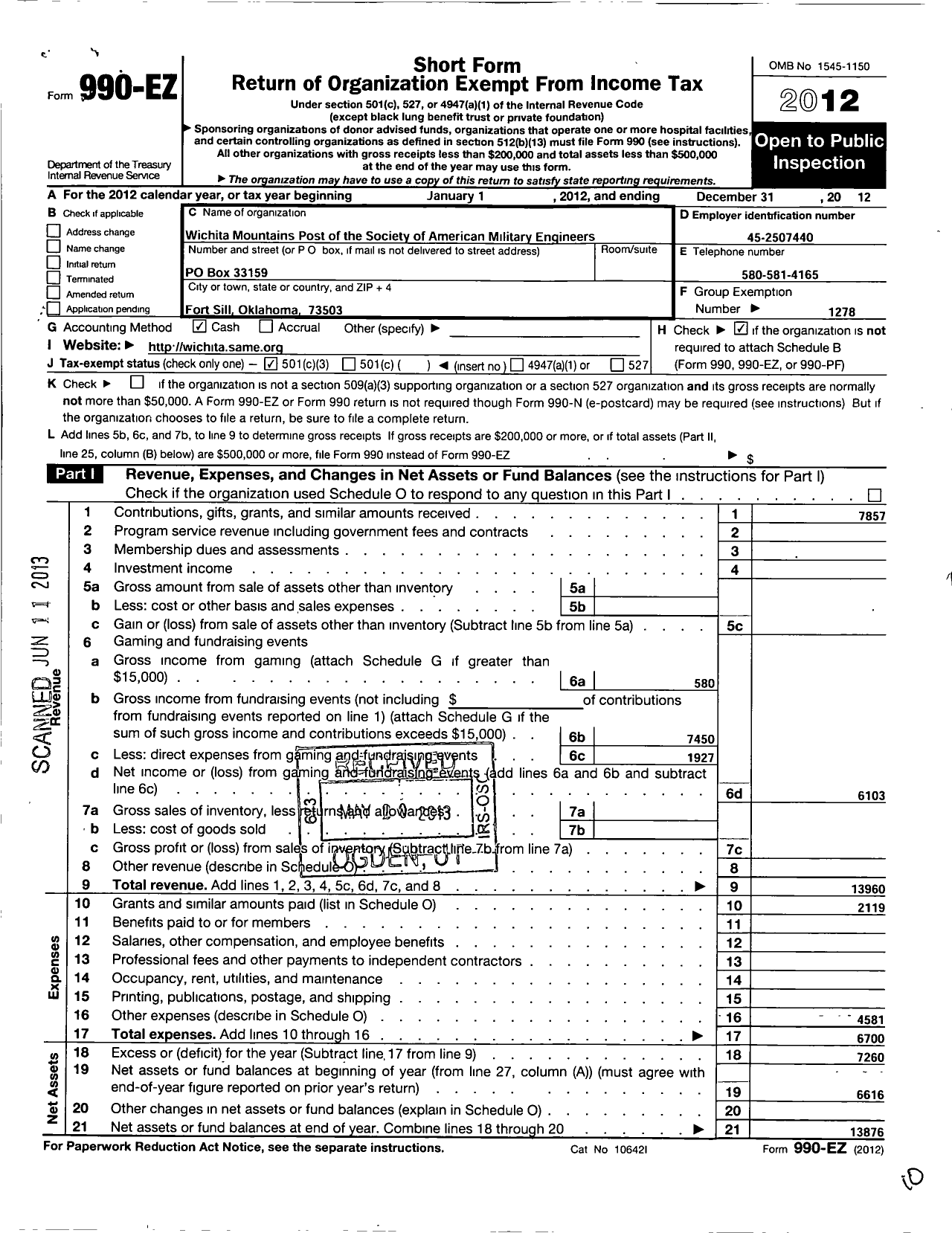 Image of first page of 2012 Form 990EZ for Society of American Military Engineers / S A M E Wichita Mountains