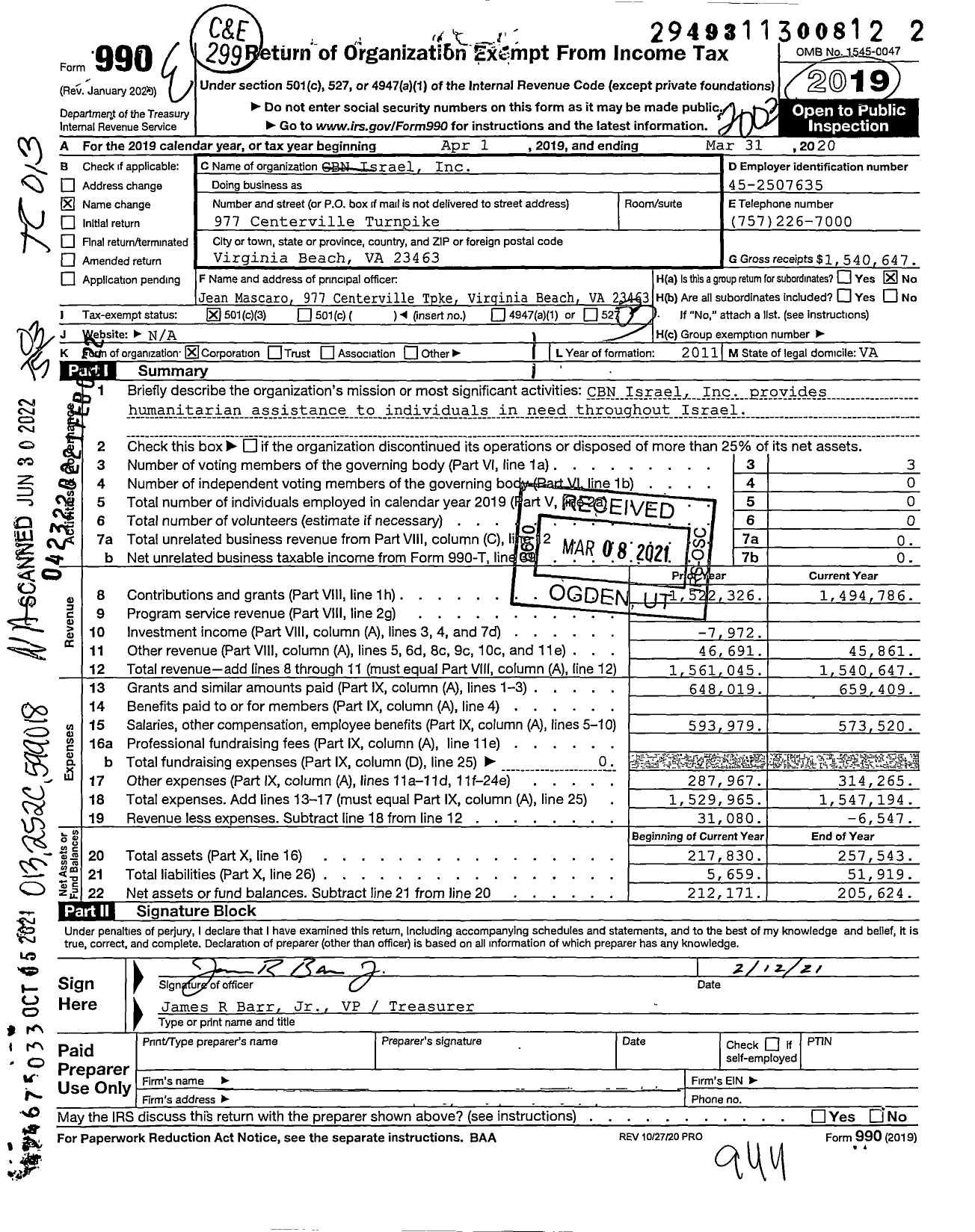 Image of first page of 2019 Form 990 for CBN Israel