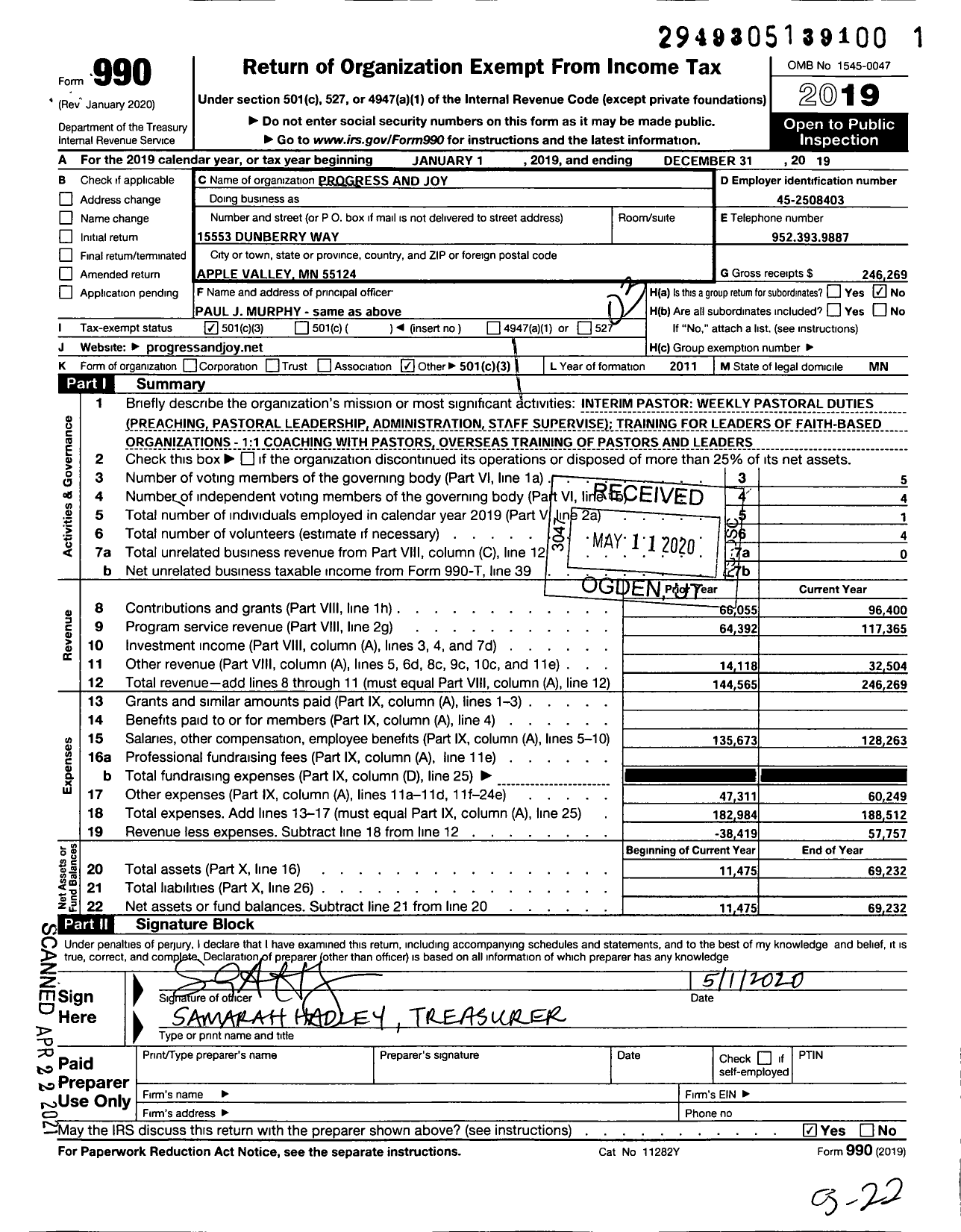 Image of first page of 2019 Form 990 for Progress and Joy